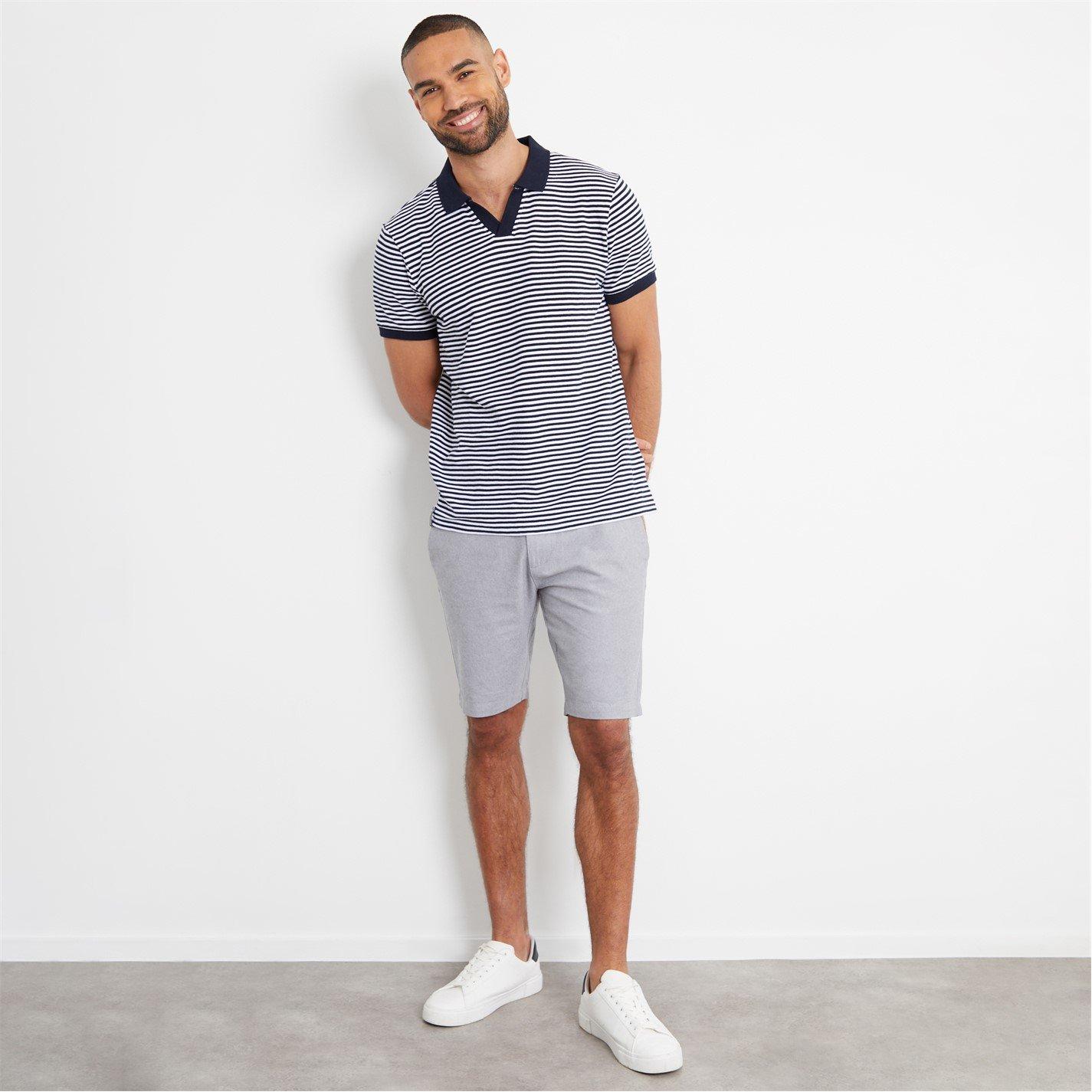 Navy - Threadbare - Open Collar Striped Pique Polo Shirt - 4