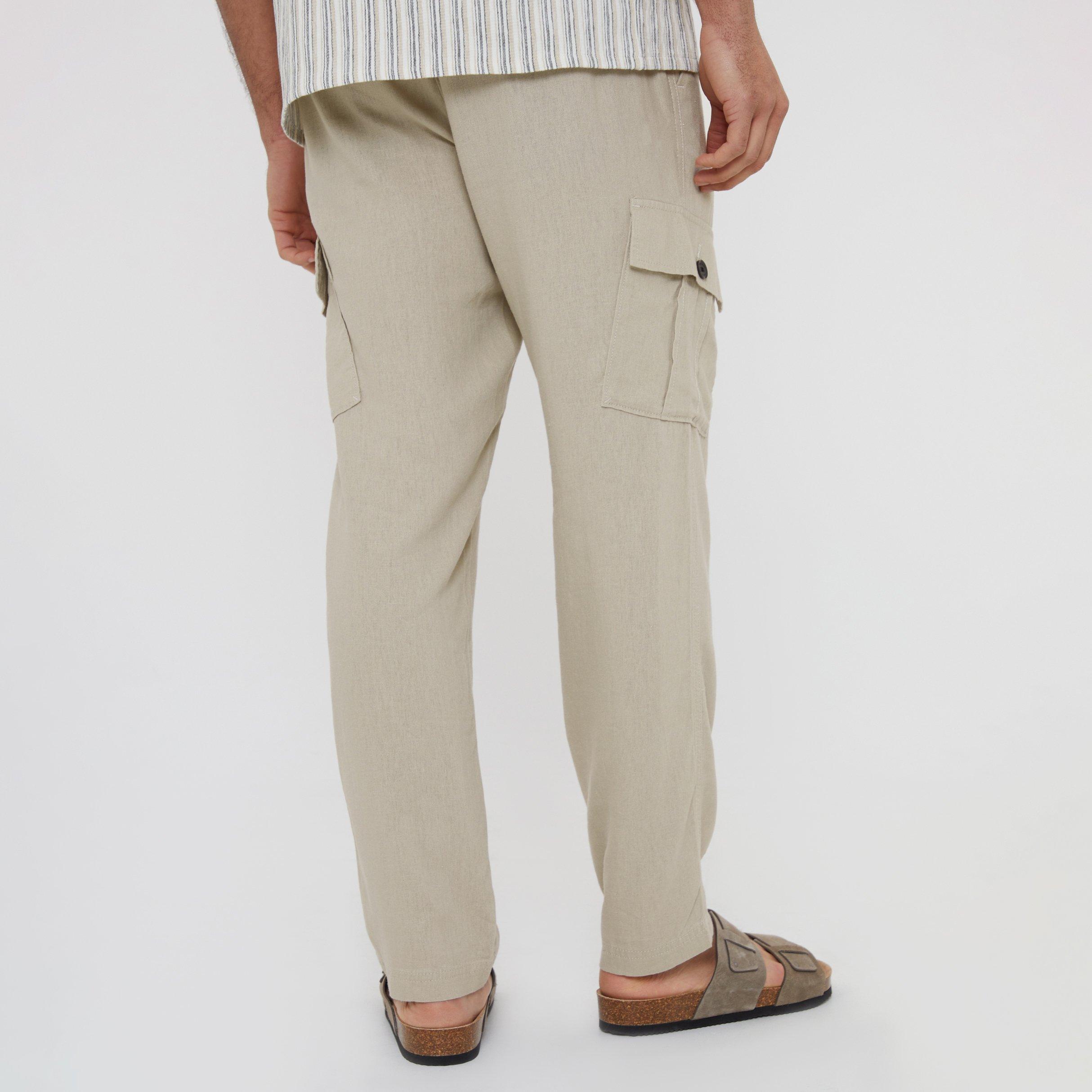 Stone - Threadbare - Linen Blend Cargo Trousers - 2