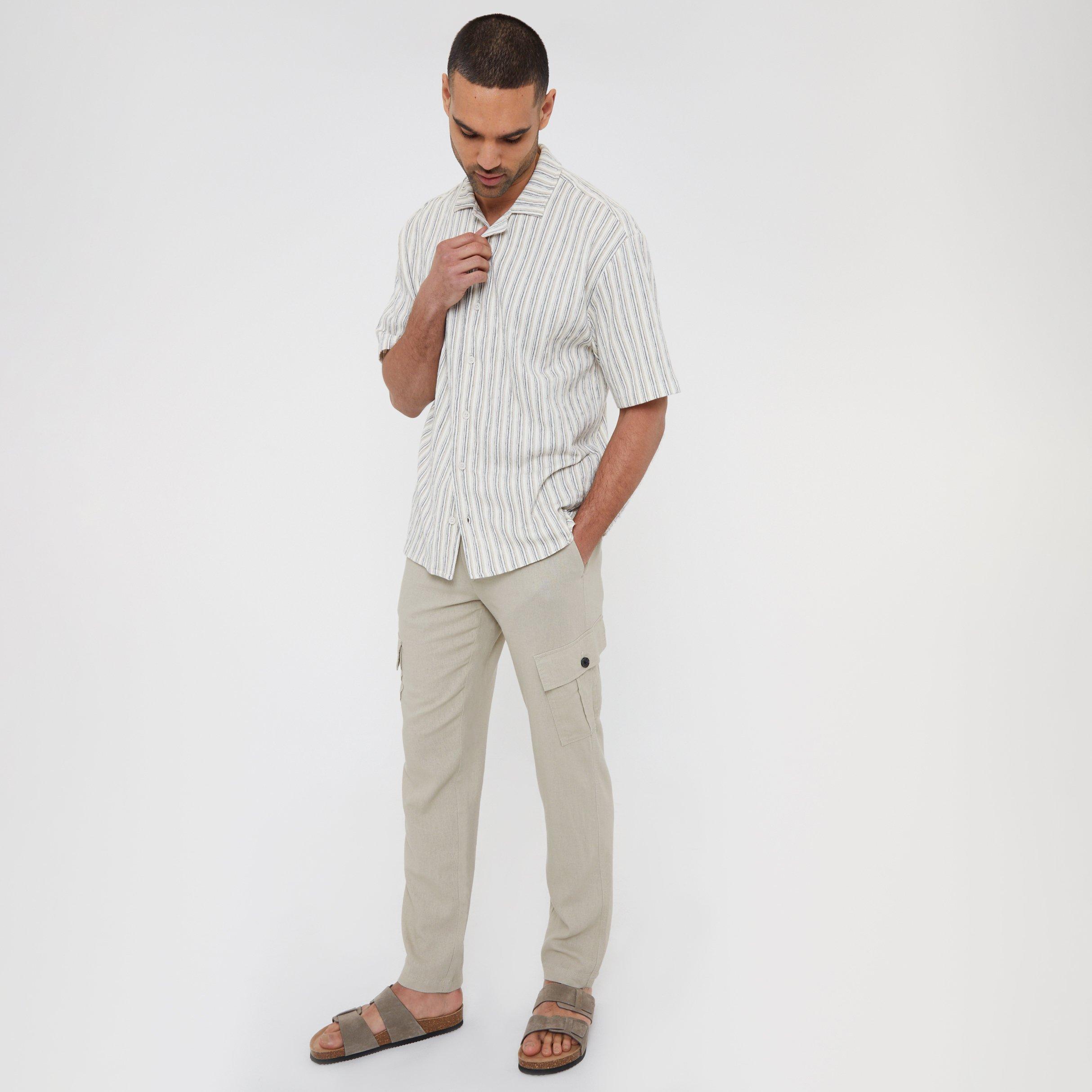 Stone - Threadbare - Linen Blend Cargo Trousers - 3