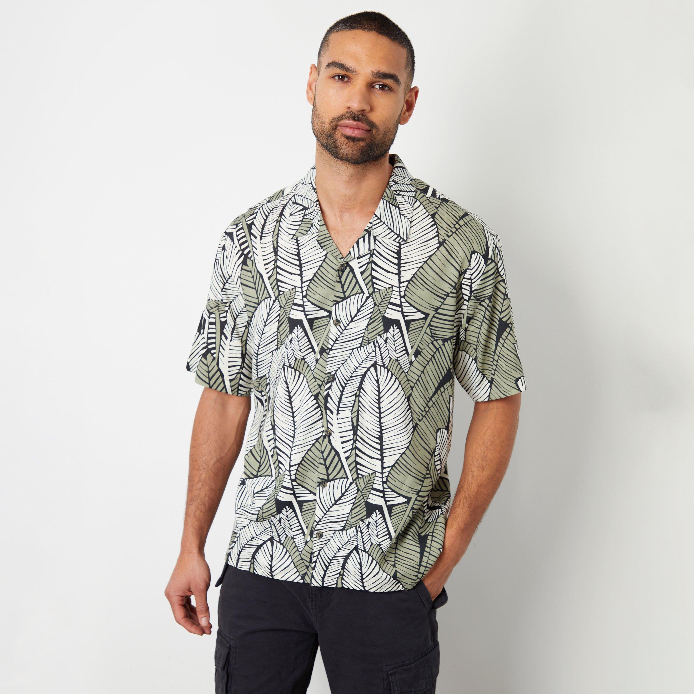 Black - Threadbare - Leaf Print Revere Collar Short Sleeve Shirt - 1