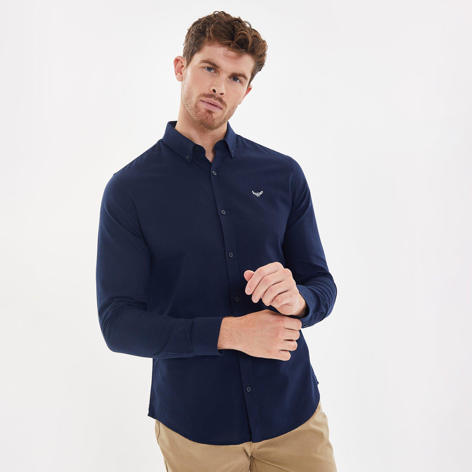 Threadbare Men's Oxford Cotton Slim Fit Short Sleeve Shirt - Navy - L