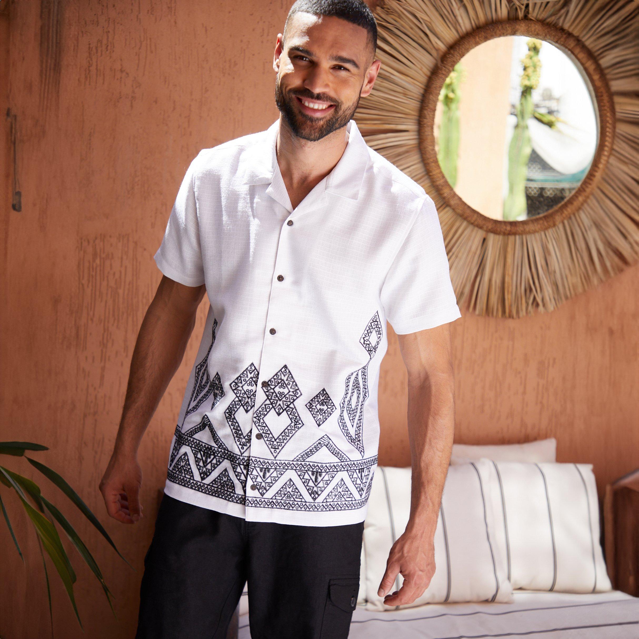 White - Threadbare - Revere Collar Embroidered Short Sleeve Shirt - 1