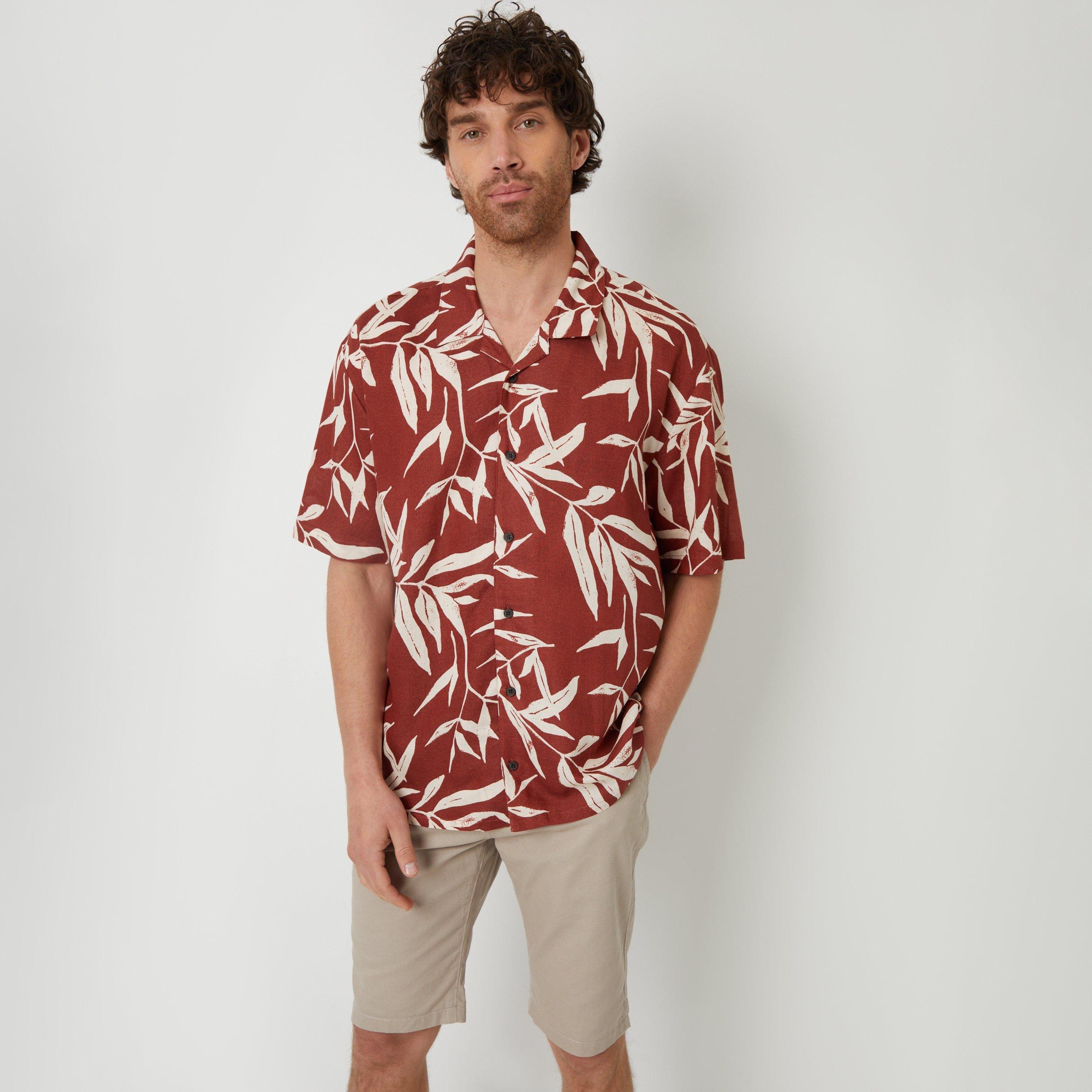 Terracotta - Threadbare - Revere Collar Leaf Print Short Sleeve Shirt - 1