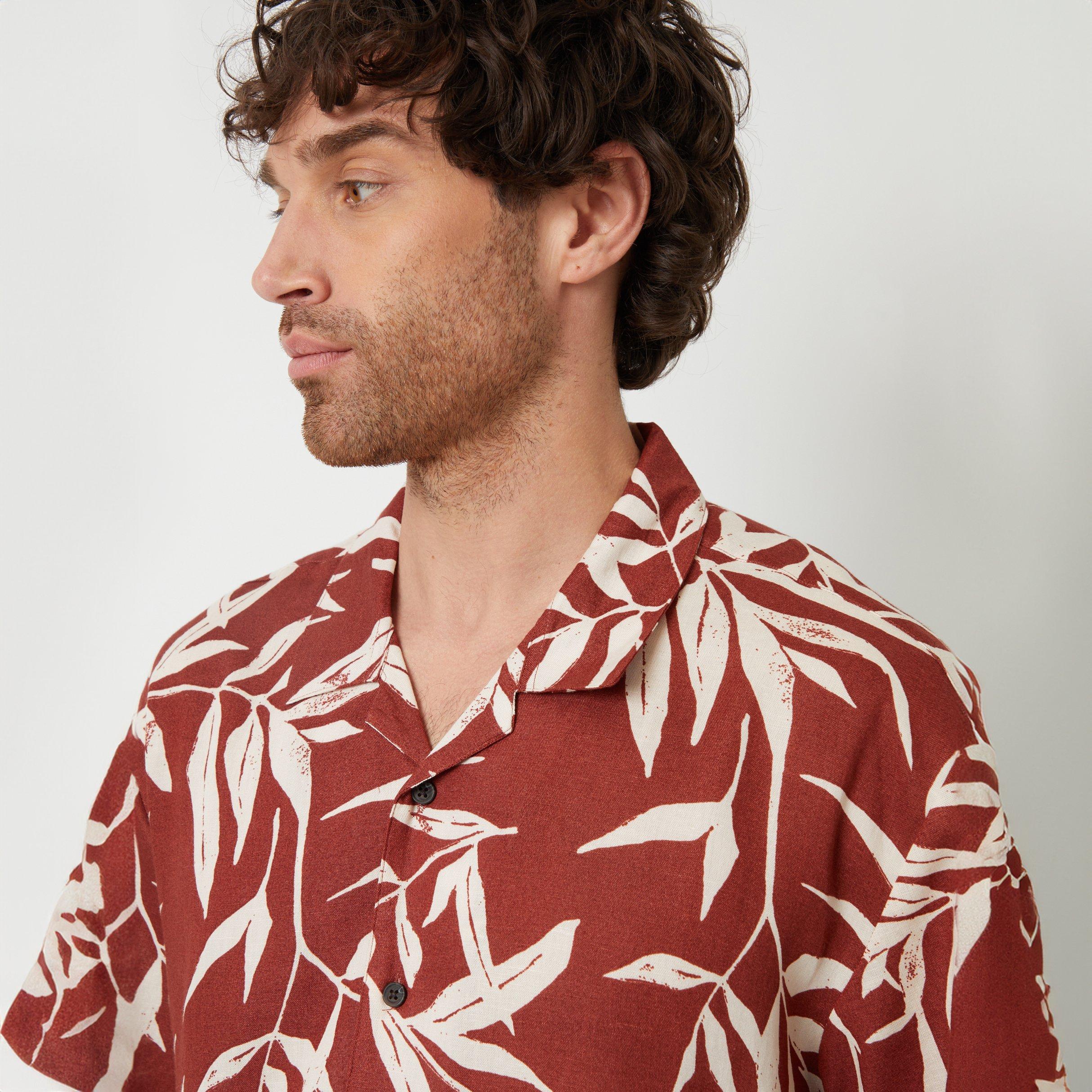 Terracotta - Threadbare - Revere Collar Leaf Print Short Sleeve Shirt - 4