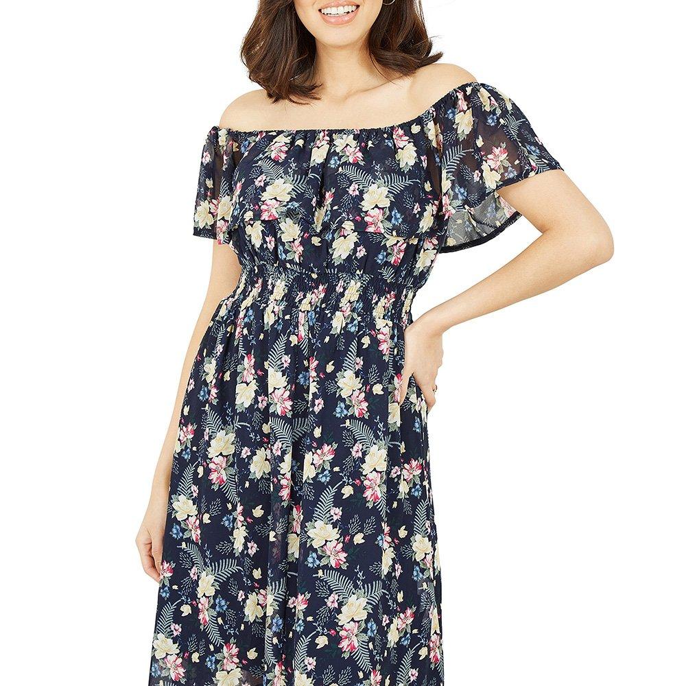 Navy - Mela London - Navy Tropical Print Bardot Dress - 2