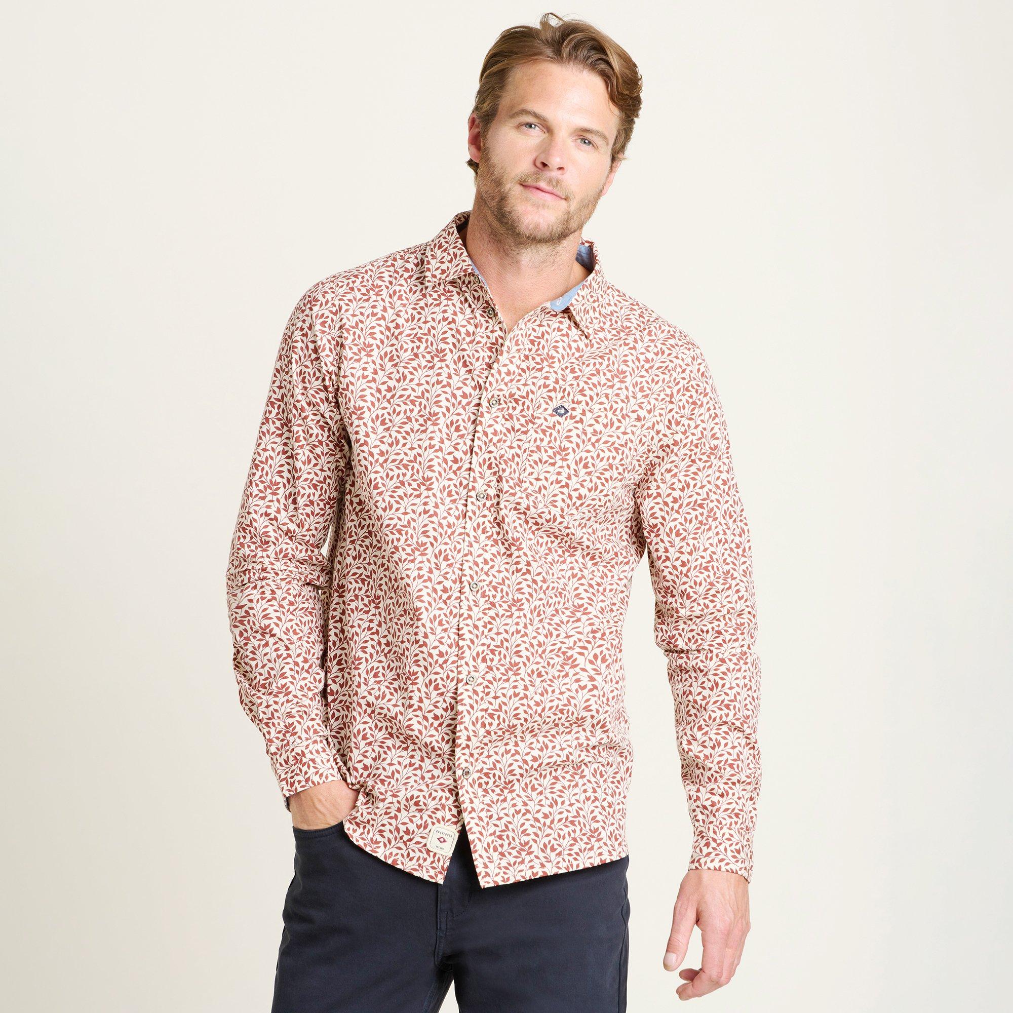 Brakeburn Men's Long-Sleeve Patterned Shirt - Burgundy - UK XL