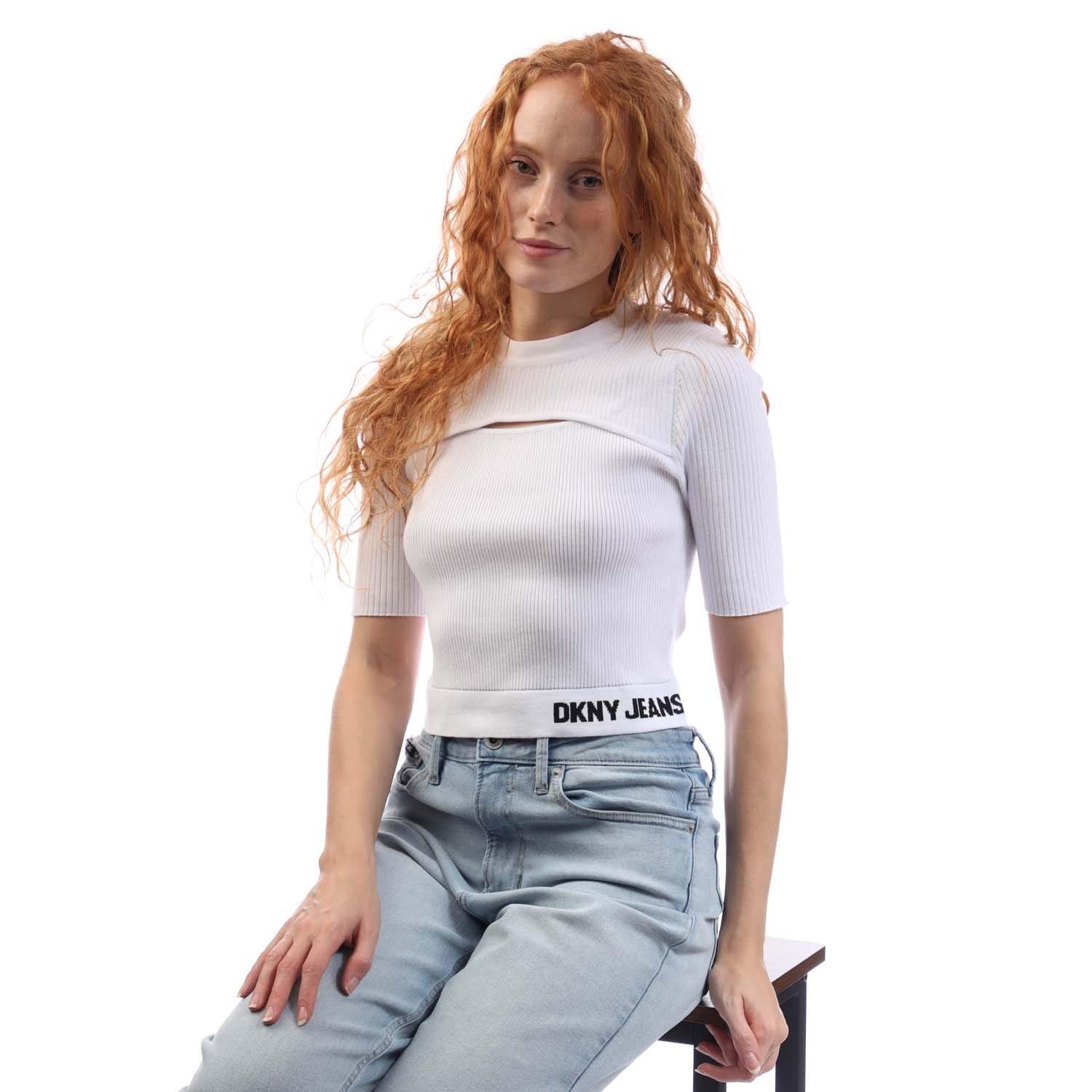 White Black - DKNY - Elbow Sleeve Cut Out T-Shirt - 4
