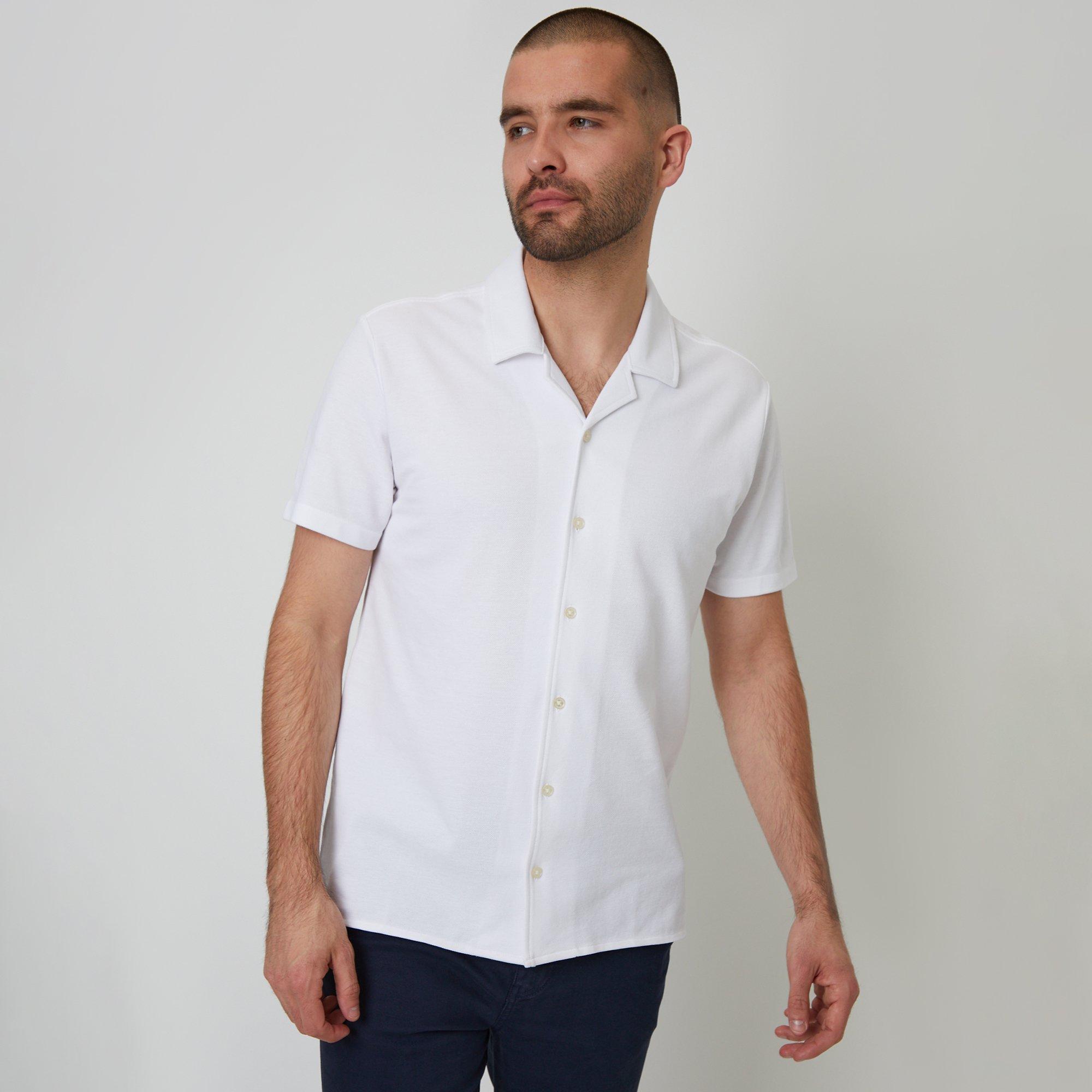 Threadbare Men's Cotton Pique Revere Collar Short Sleeve Shirt - White - XL