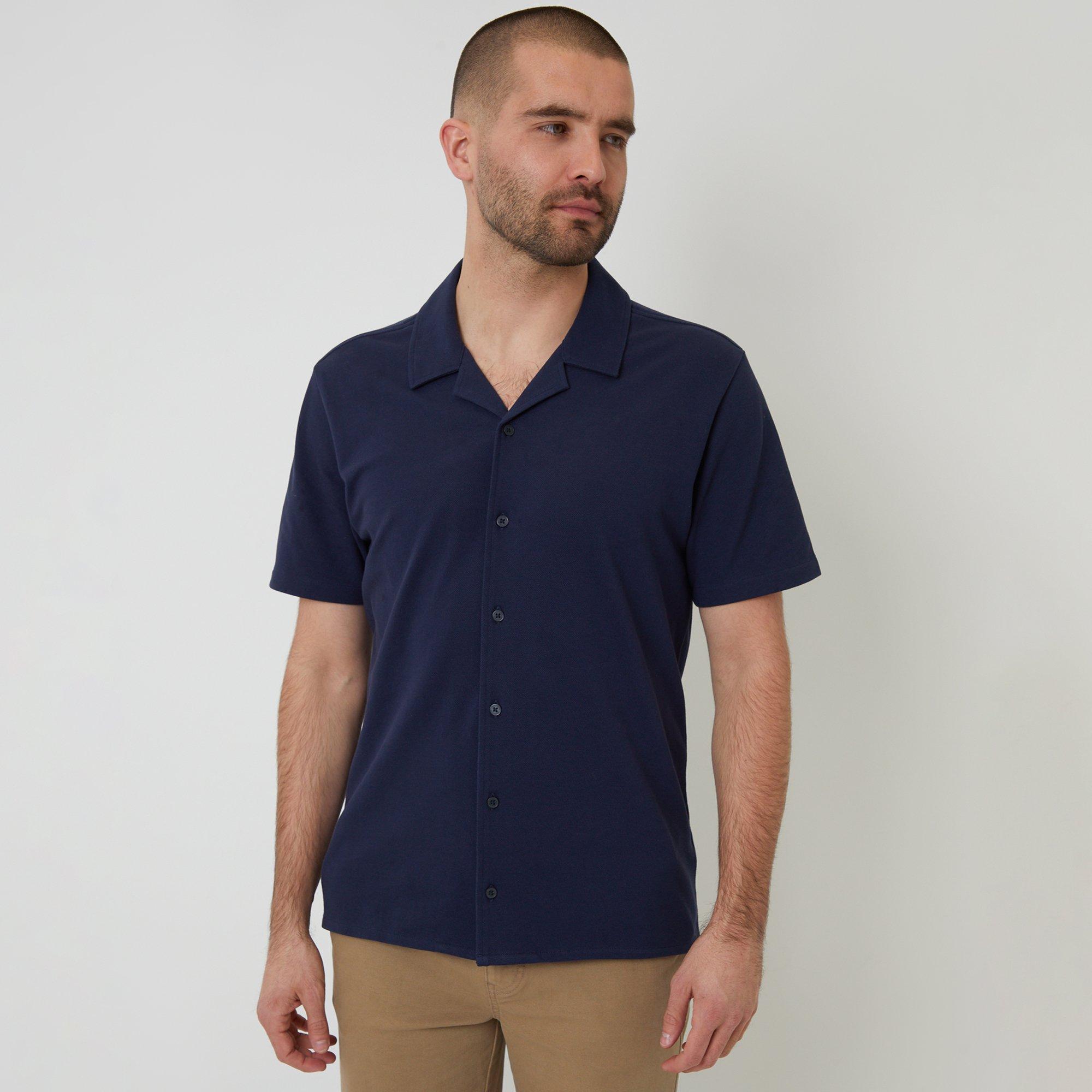 Threadbare Men's Cotton Pique Revere Collar Short Sleeve Shirt - Navy - M