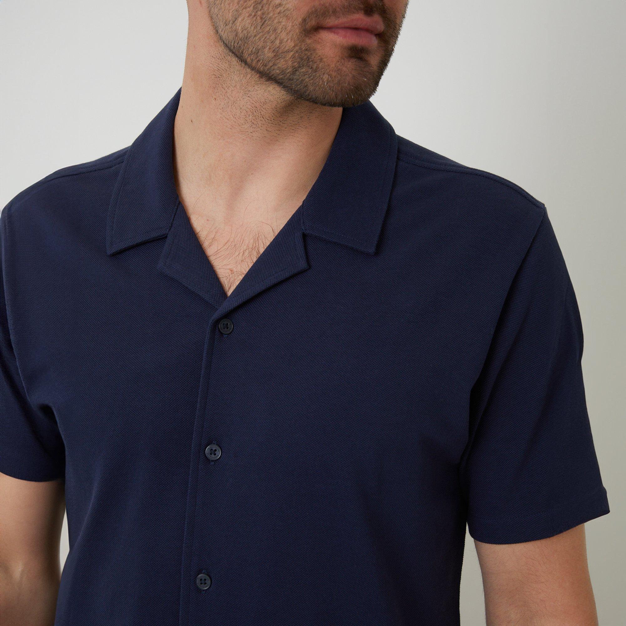 Navy - Threadbare - Cotton Pique Revere Collar Short Sleeve Shirt - 4