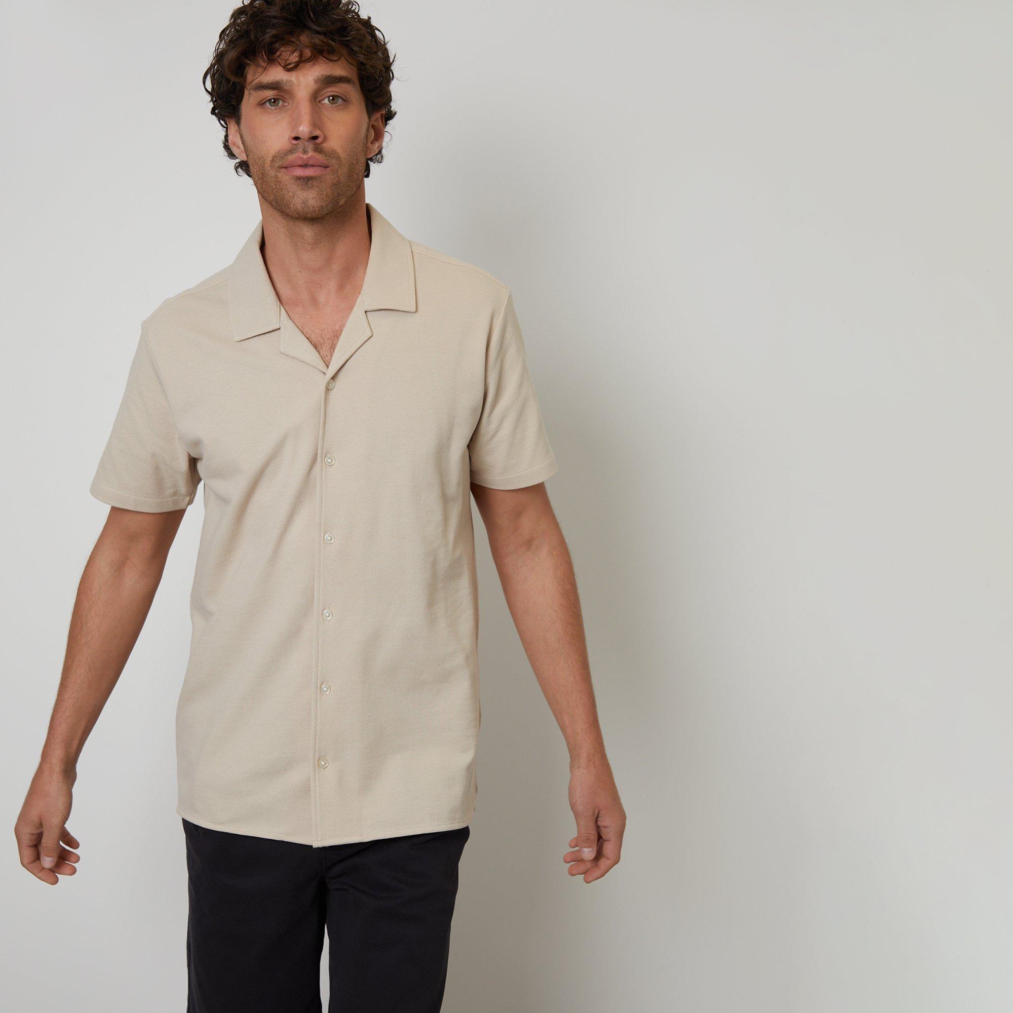 Threadbare Men's Cotton Pique Revere Collar Short Sleeve Shirt - Stone - L