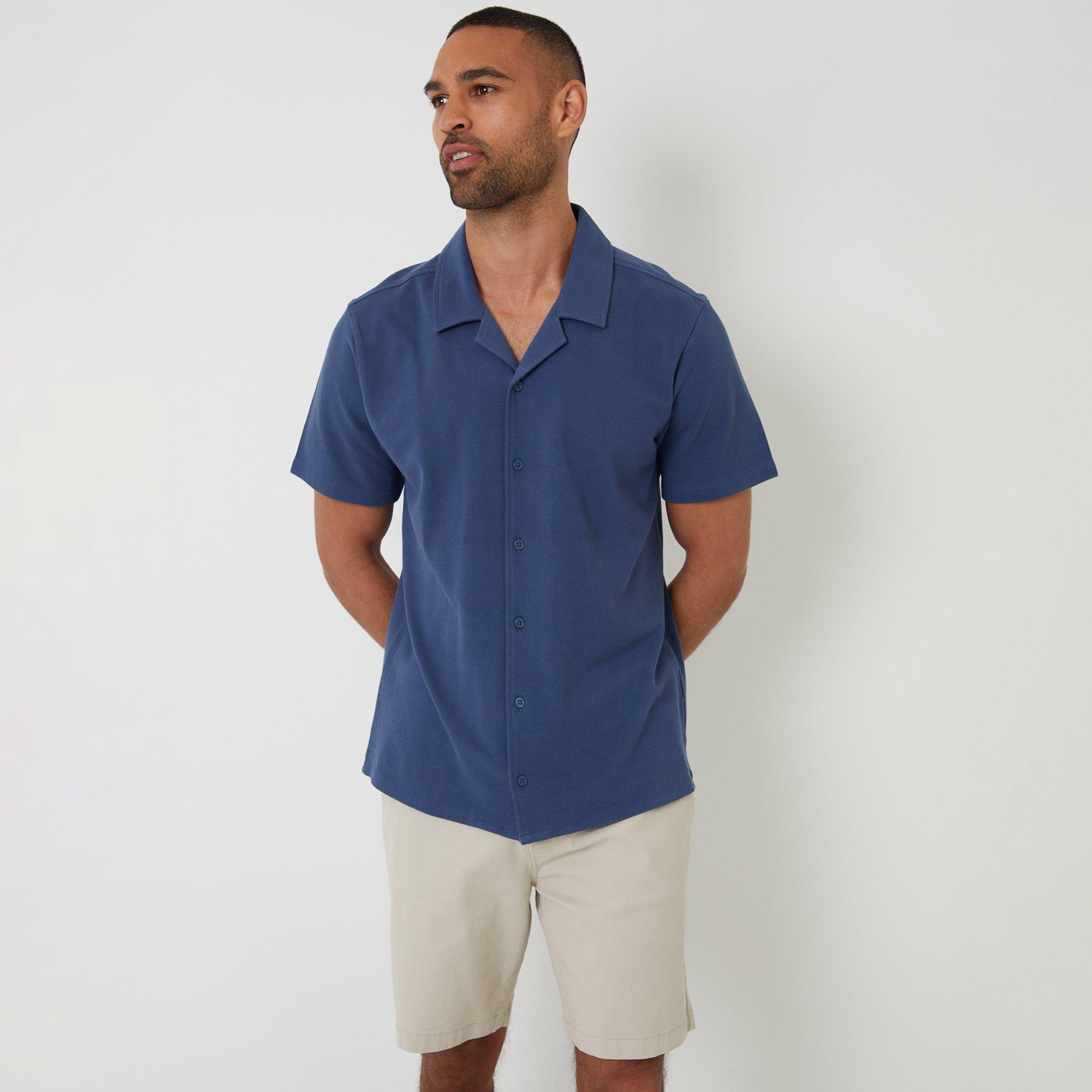 Threadbare Men's Cotton Pique Revere Collar Short Sleeve Shirt - Blue - L