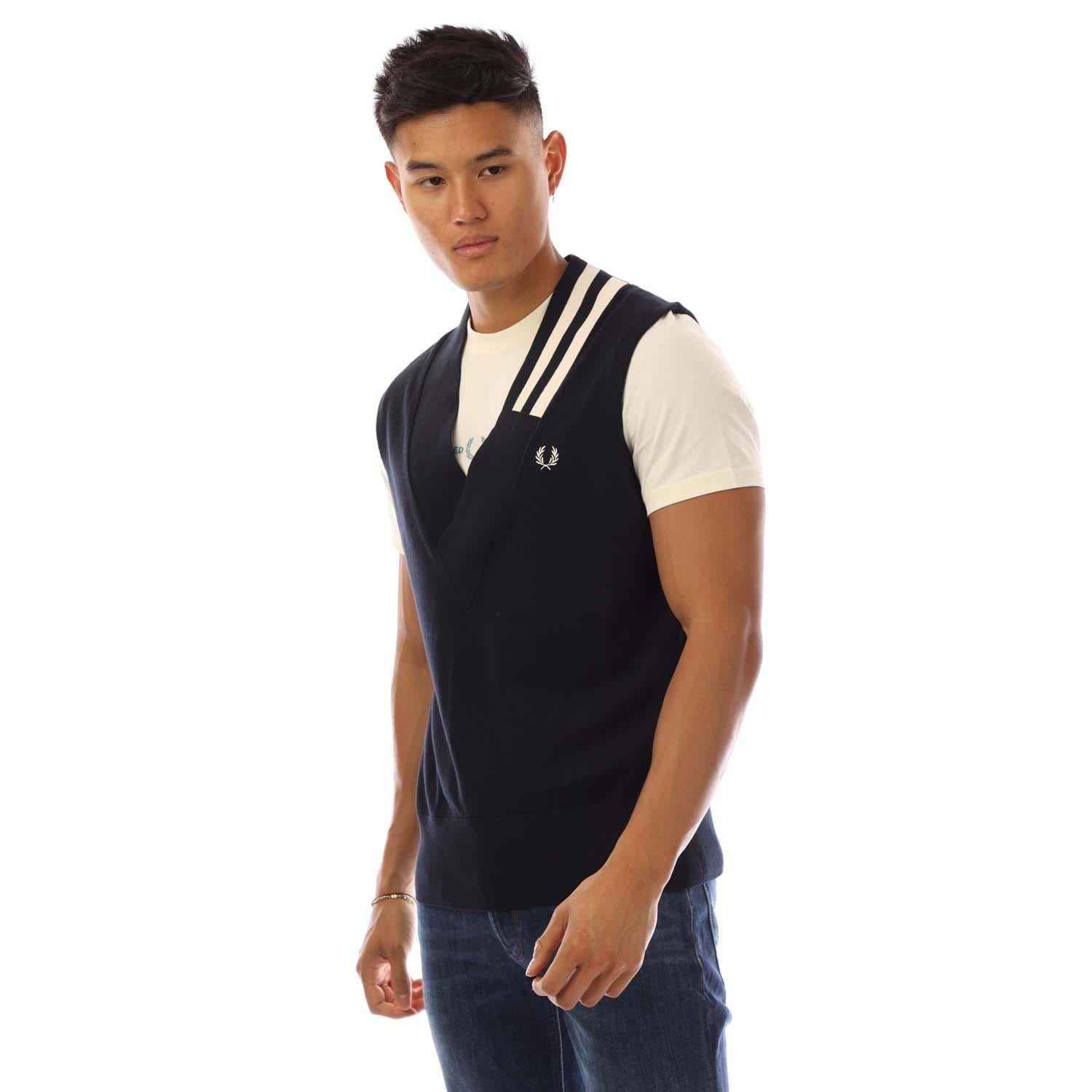 Navy - Fred Perry - V-Neck Broken Tipped Tank Top - 1