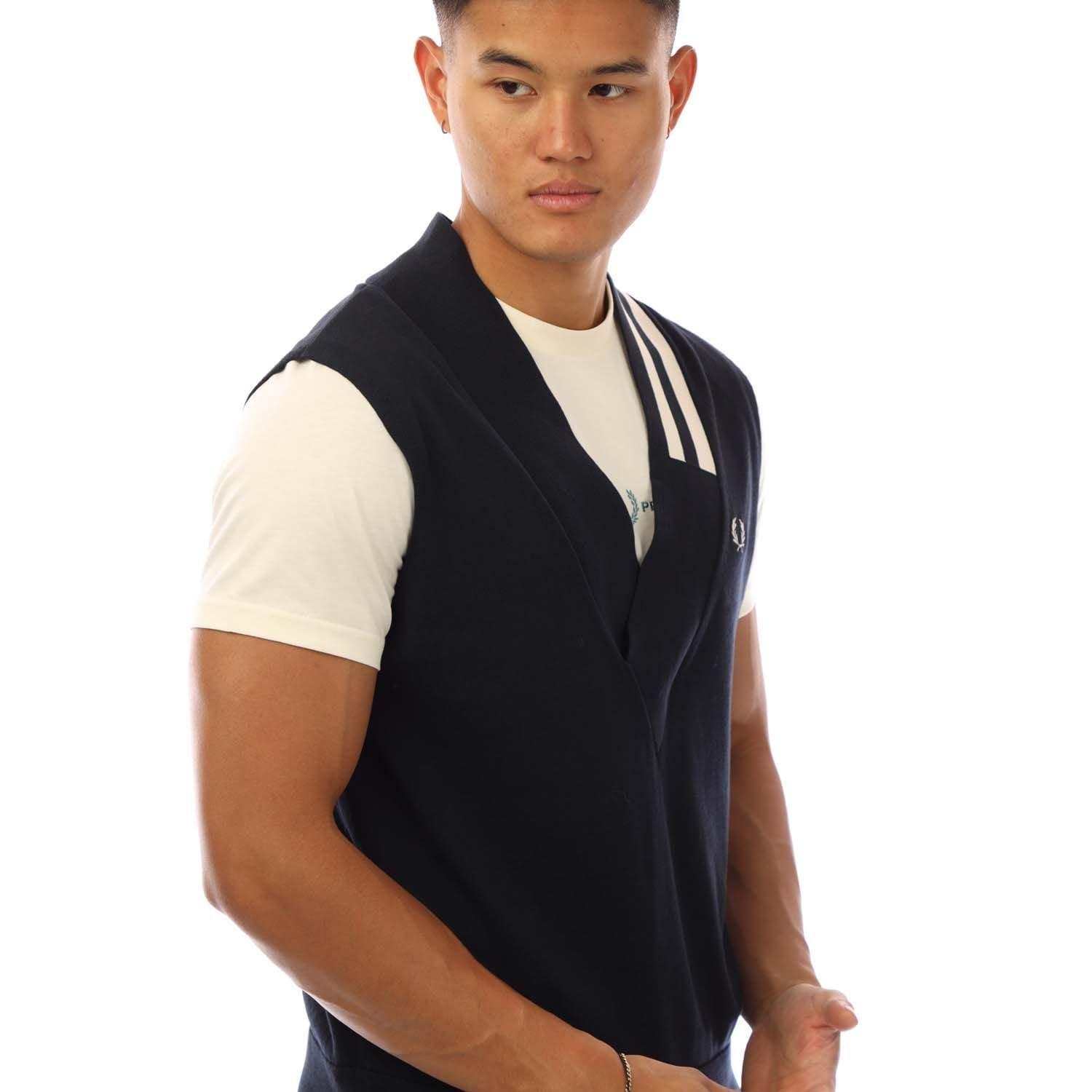Navy - Fred Perry - V-Neck Broken Tipped Tank Top - 2