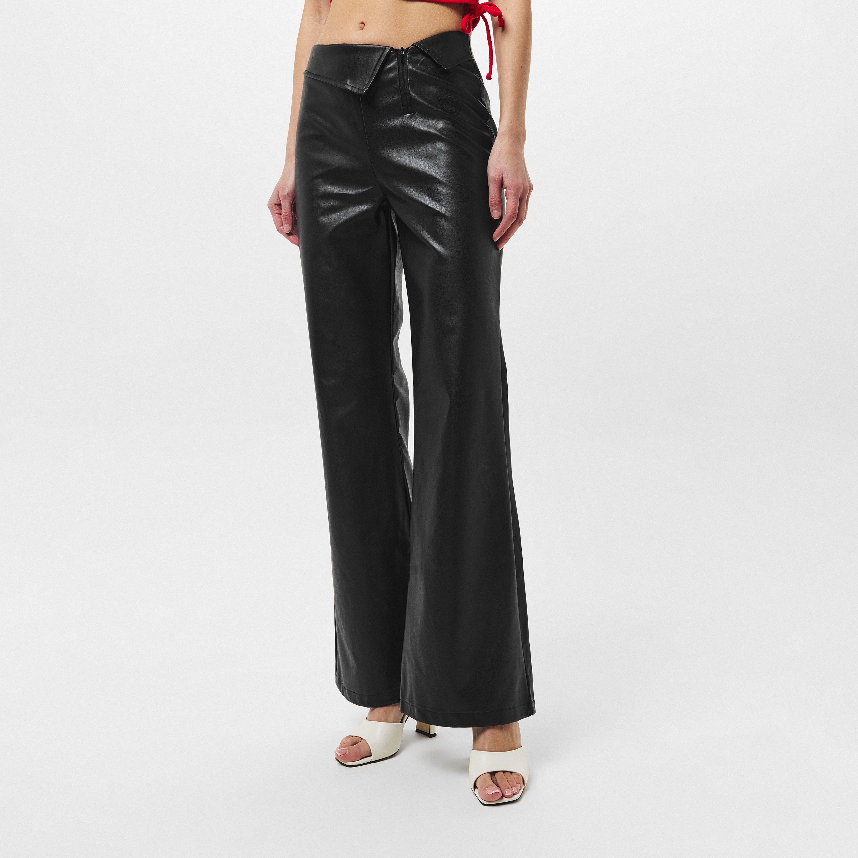 Black - Missy Empire - Fold Over Faux Leather Flare Trousers Womens - 3
