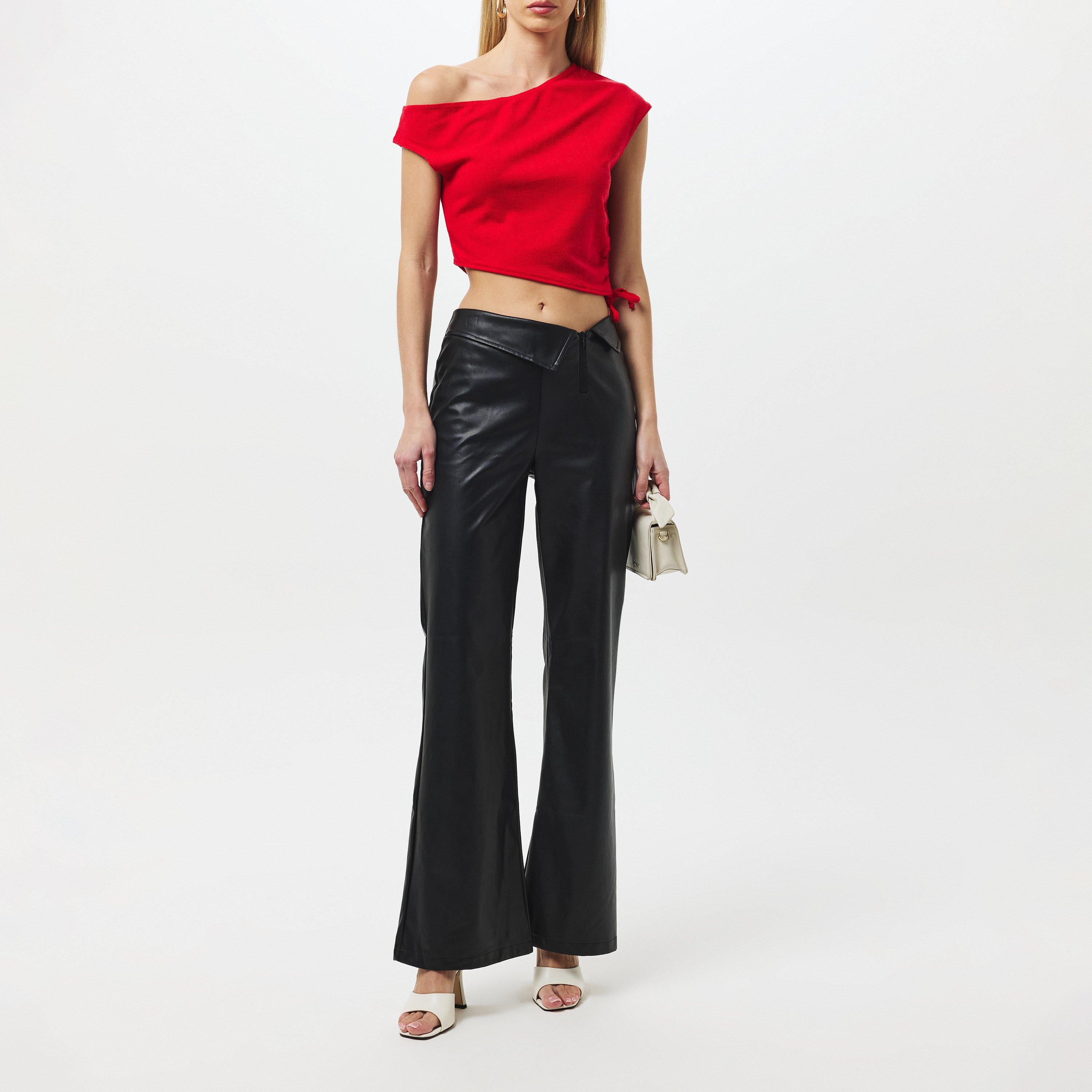 Black - Missy Empire - Fold Over Faux Leather Flare Trousers Womens - 6