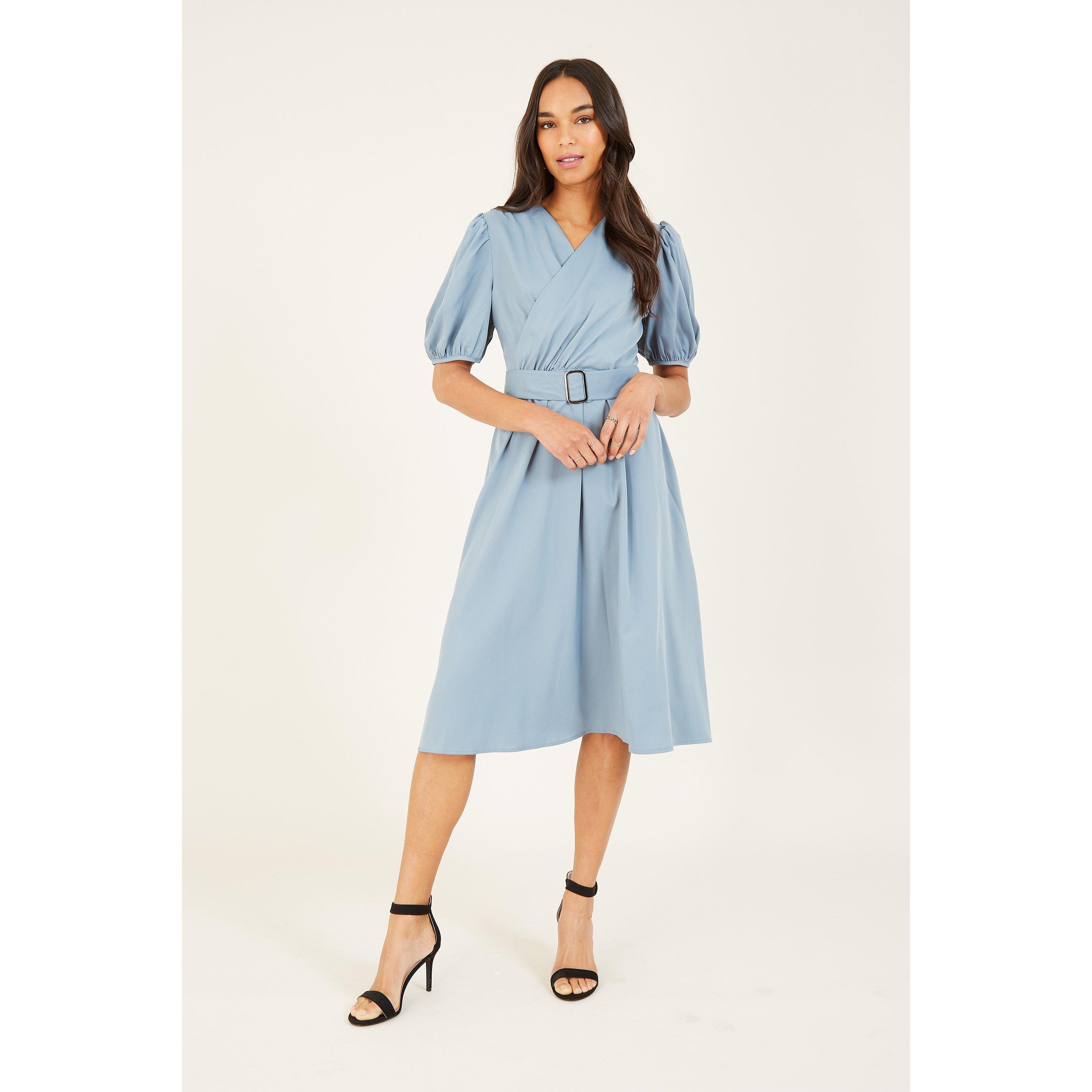 Blue - Yumi - Blue Puff Sleeve Wrap Dress - 1