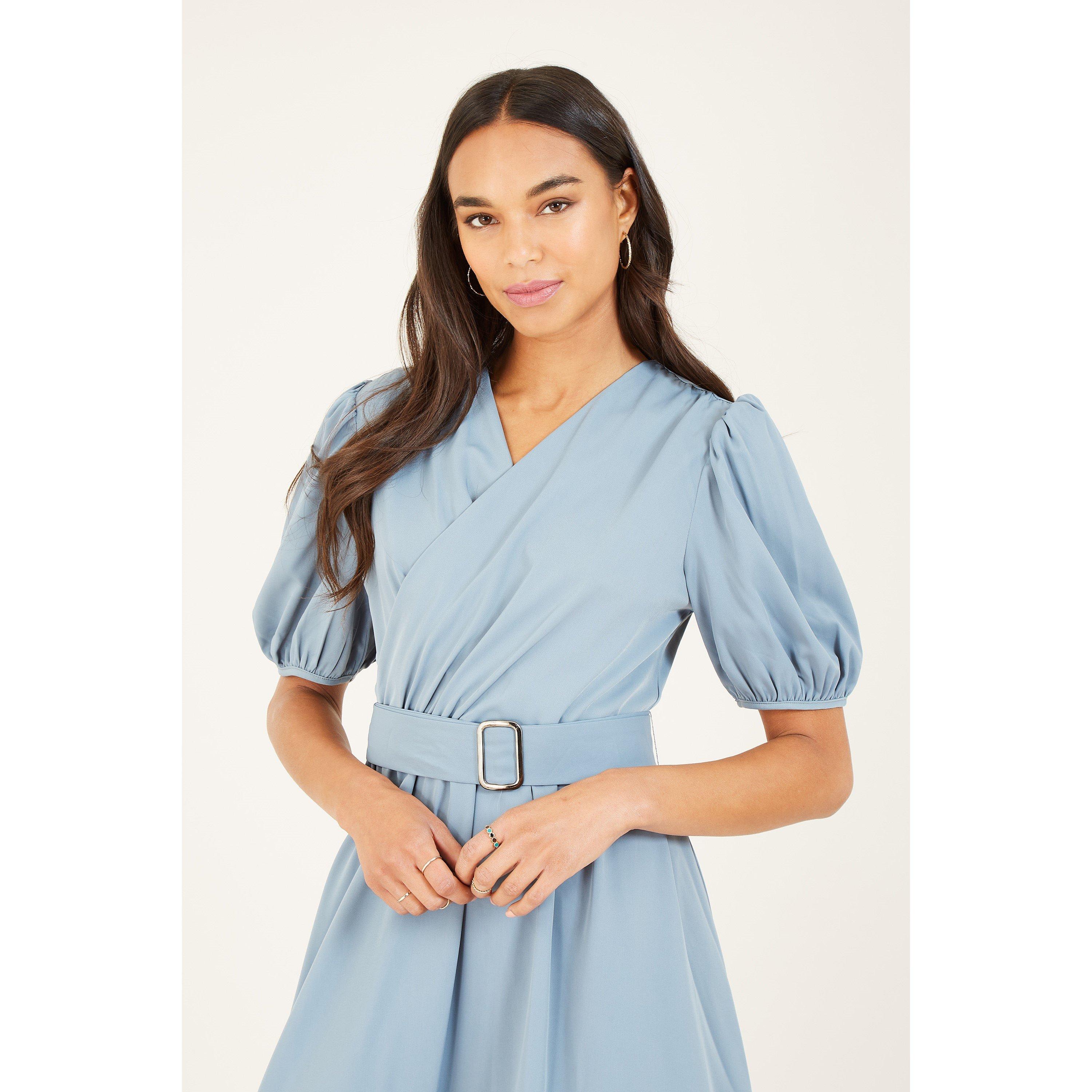 Blue - Yumi - Blue Puff Sleeve Wrap Dress - 2