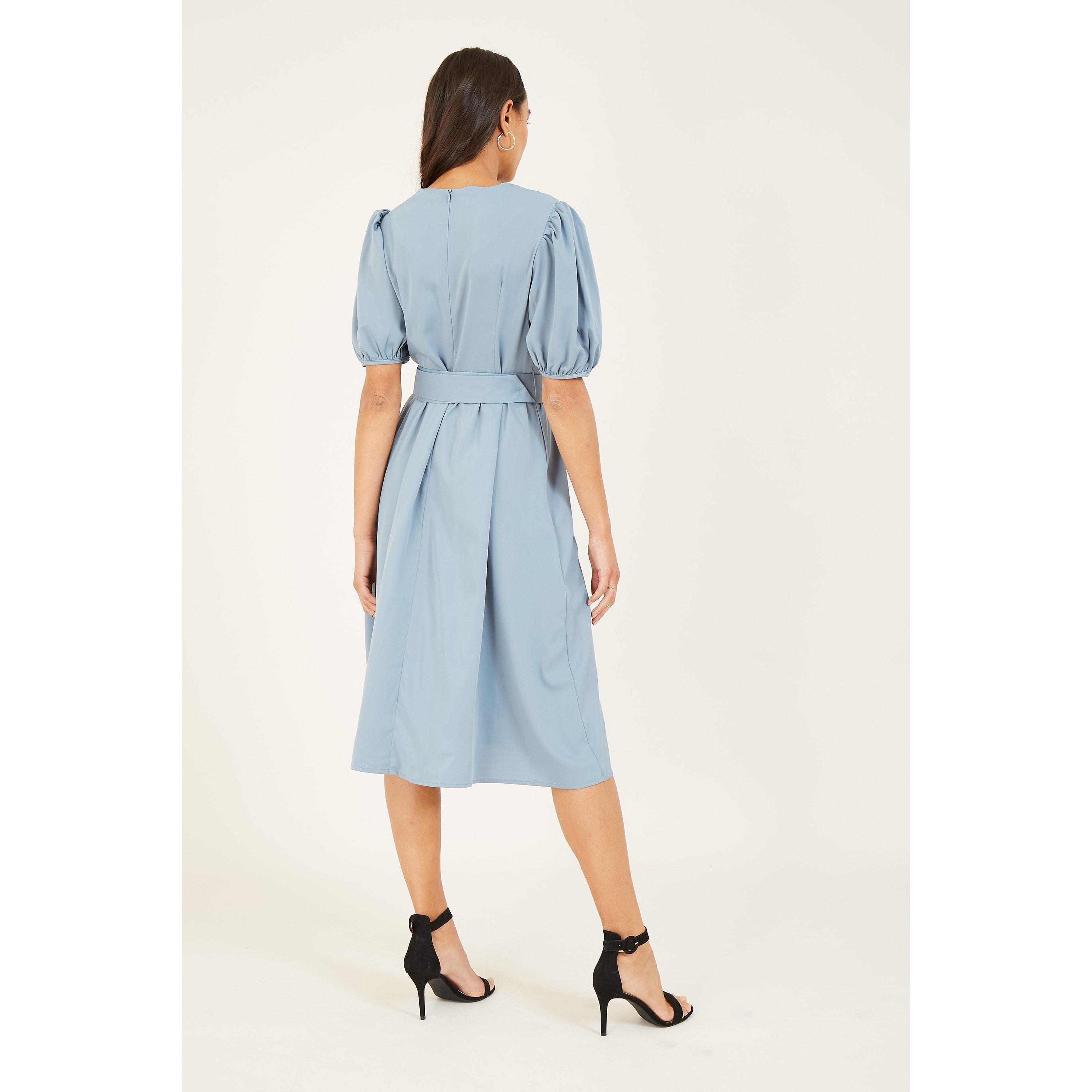 Blue - Yumi - Blue Puff Sleeve Wrap Dress - 3