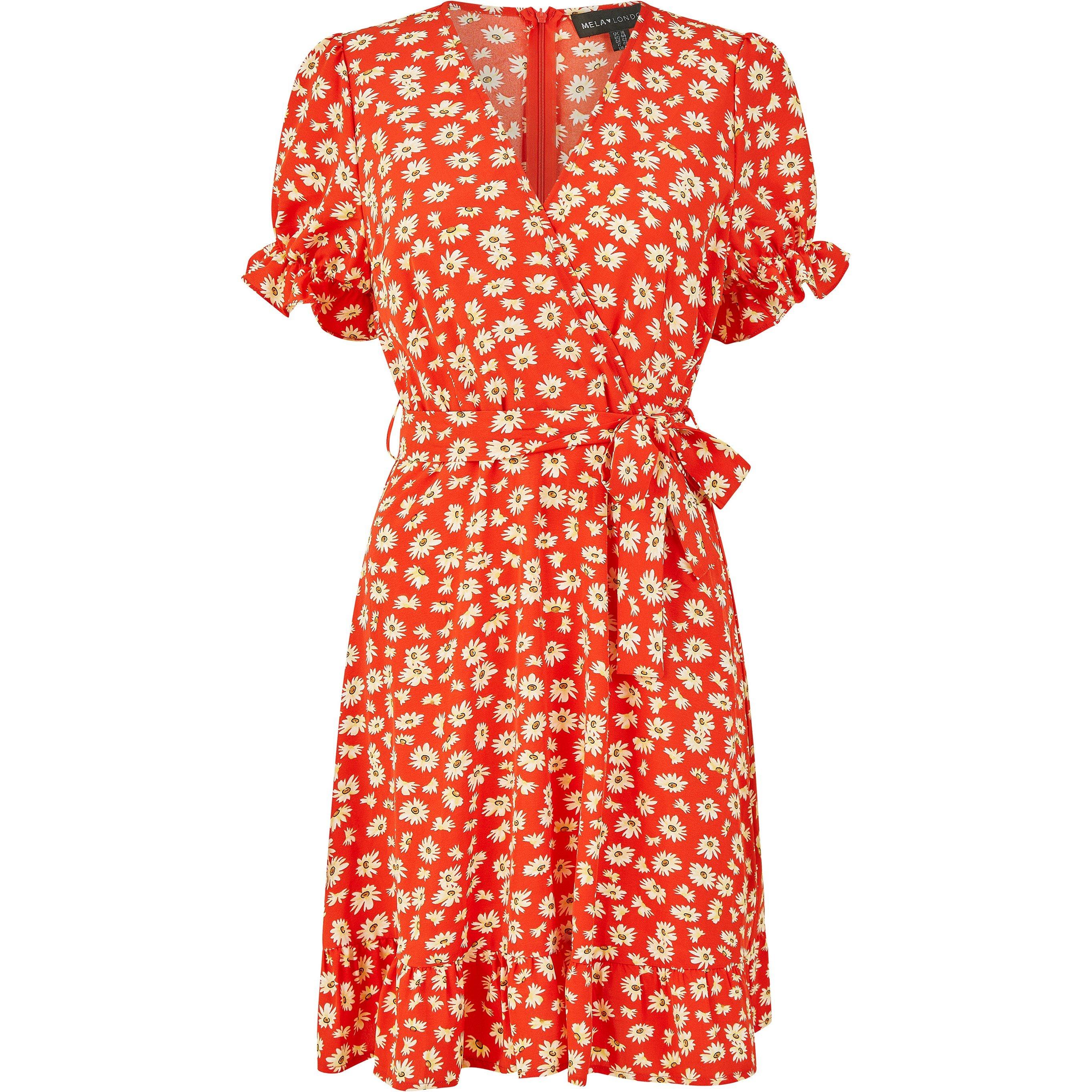 Red - Mela London - Red Daisy Print Wrap Dress - 4
