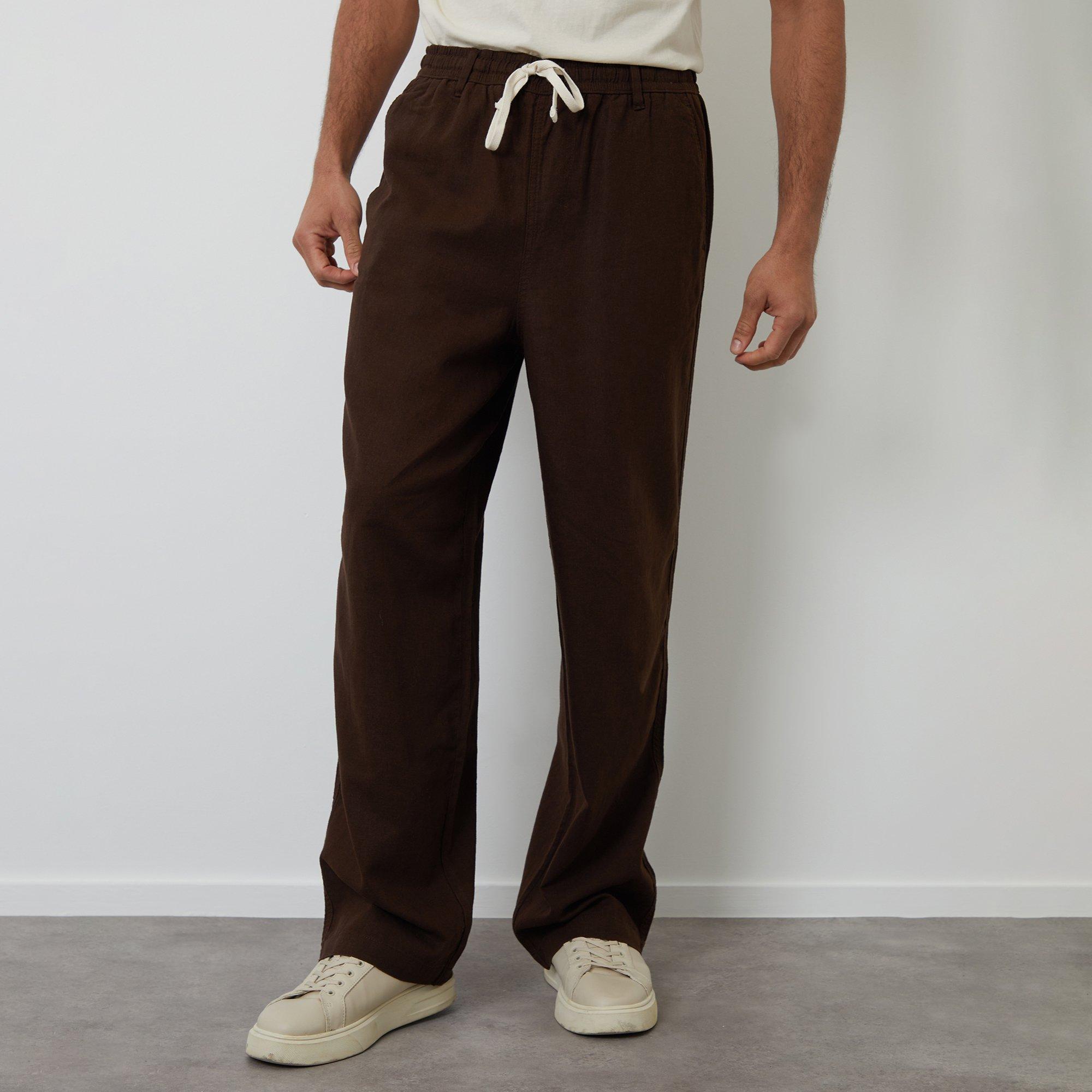 Threadbare Men's Linen Blend Loose Fit Trousers - Chocolate - XL