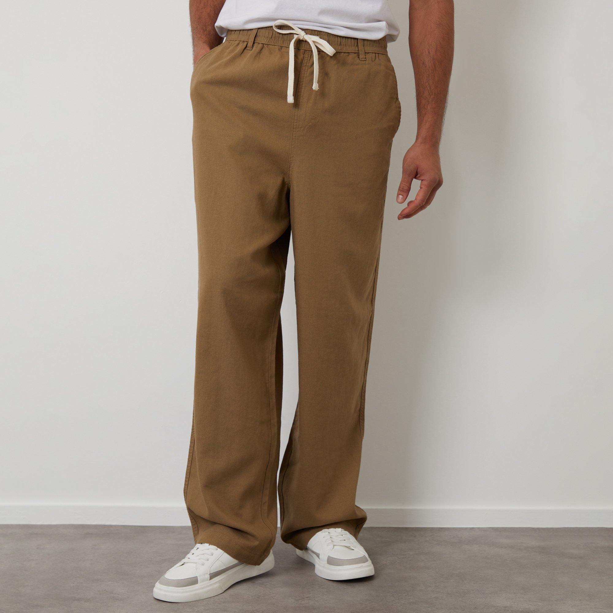 Threadbare Men's Linen Blend Loose Fit Trousers - Stone - L