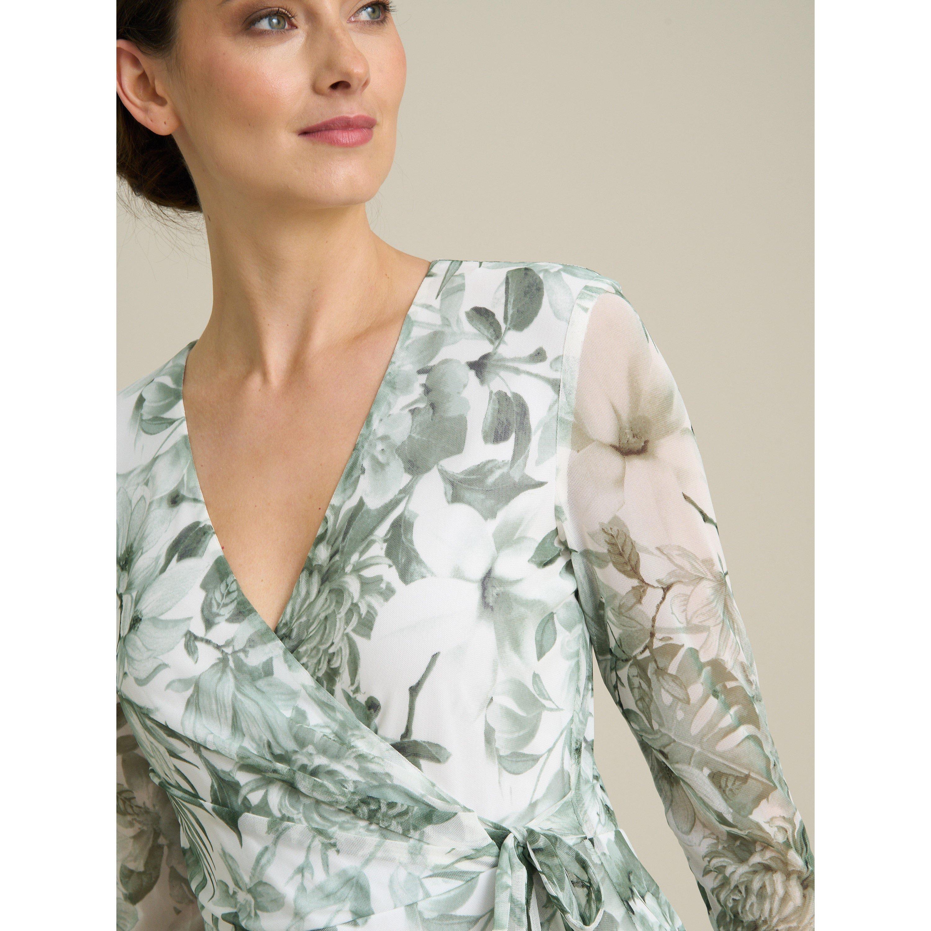 Green - Gina Bacconi - Nancie Floral Mesh Faux Wrap Dress - 5