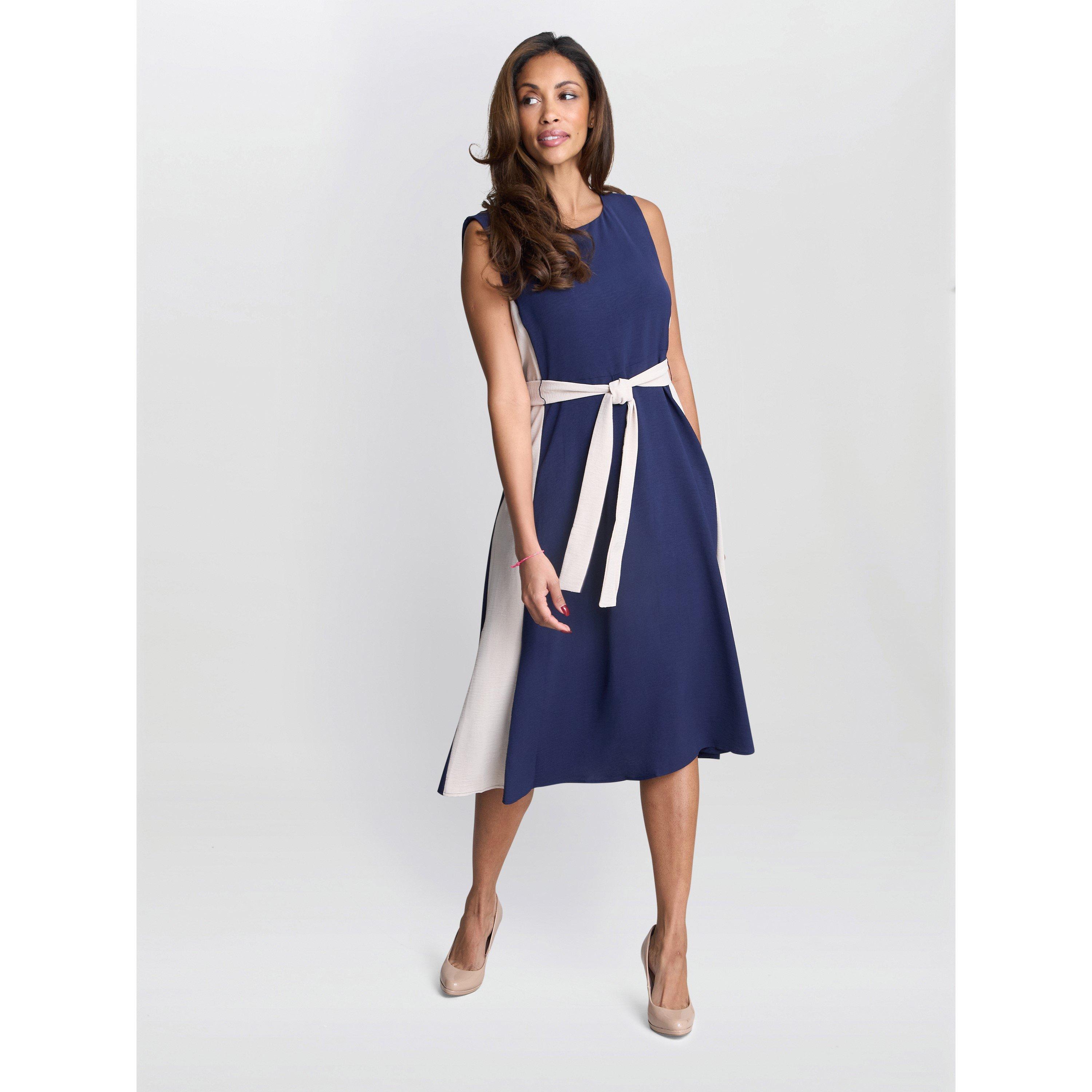 Navy Cream - Gina Bacconi - Women's Kendall Two Tone A-Line Dress - 3