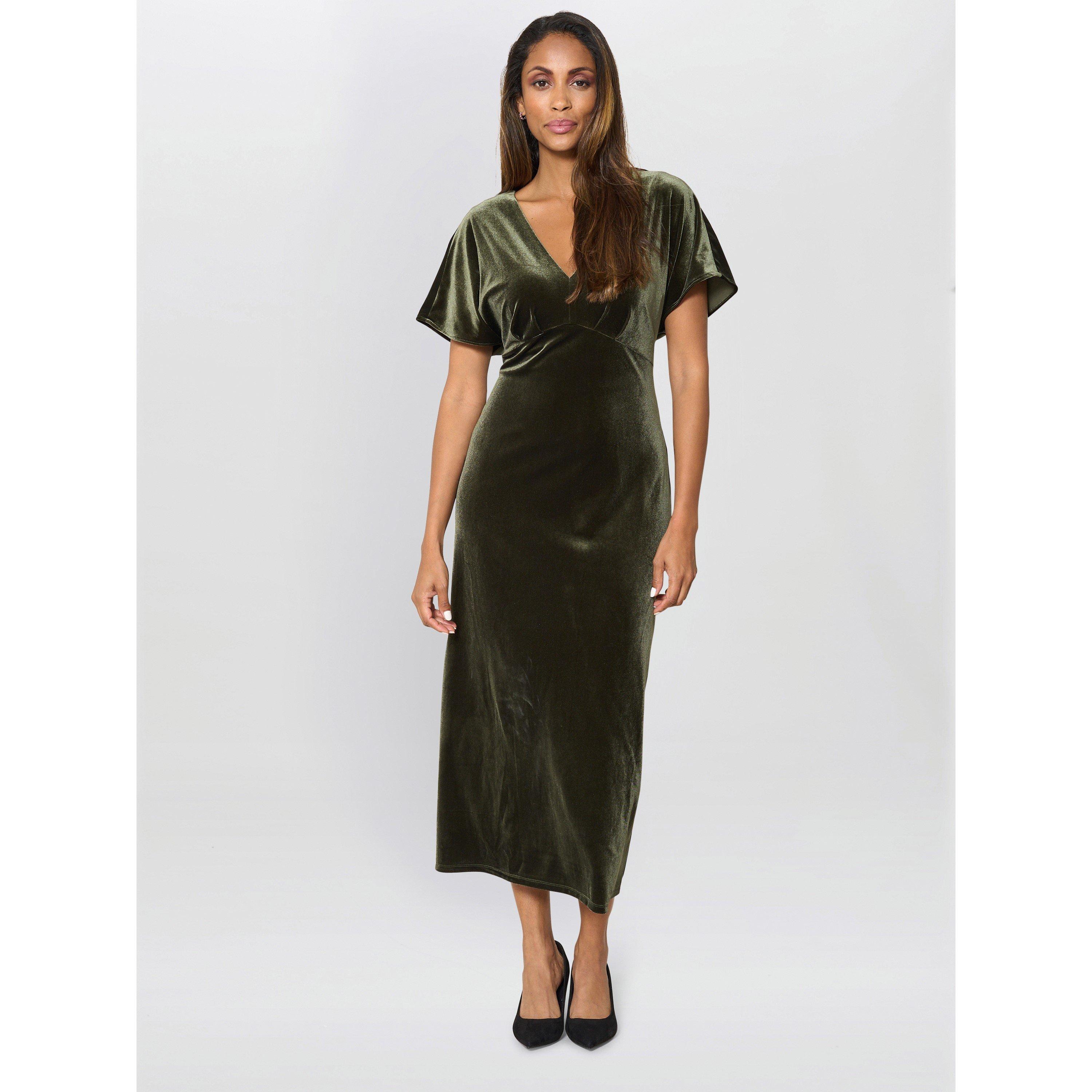 Olive - Gina Bacconi - Women's Bev Velvet V-Neck Midi Dress - 2