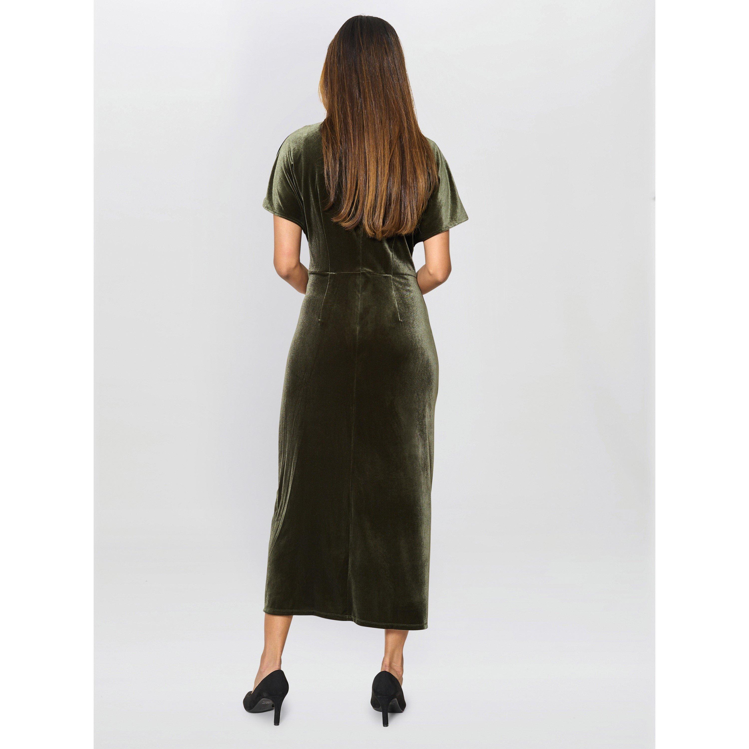 Olive - Gina Bacconi - Women's Bev Velvet V-Neck Midi Dress - 3