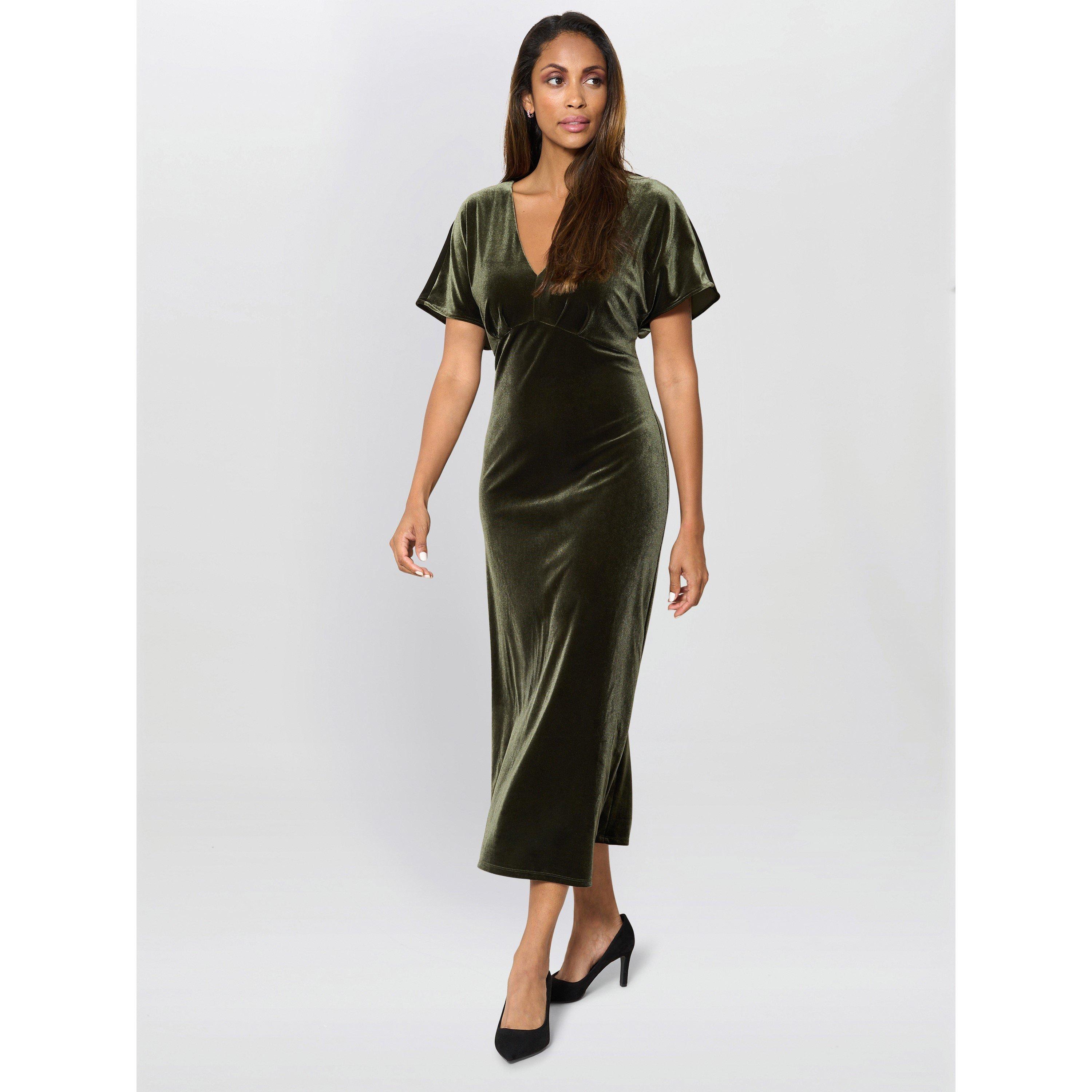 Olive - Gina Bacconi - Women's Bev Velvet V-Neck Midi Dress - 4