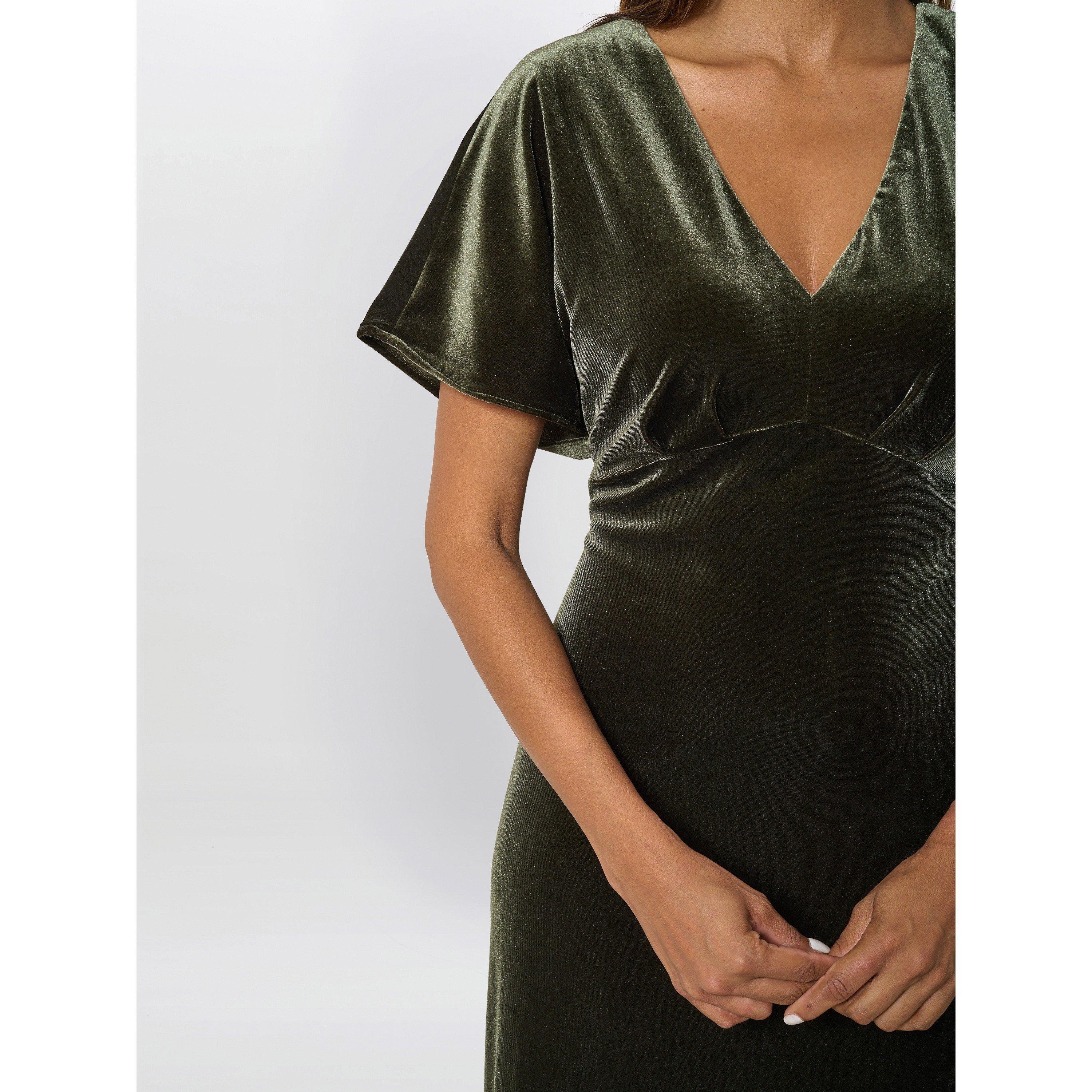 Olive - Gina Bacconi - Women's Bev Velvet V-Neck Midi Dress - 5