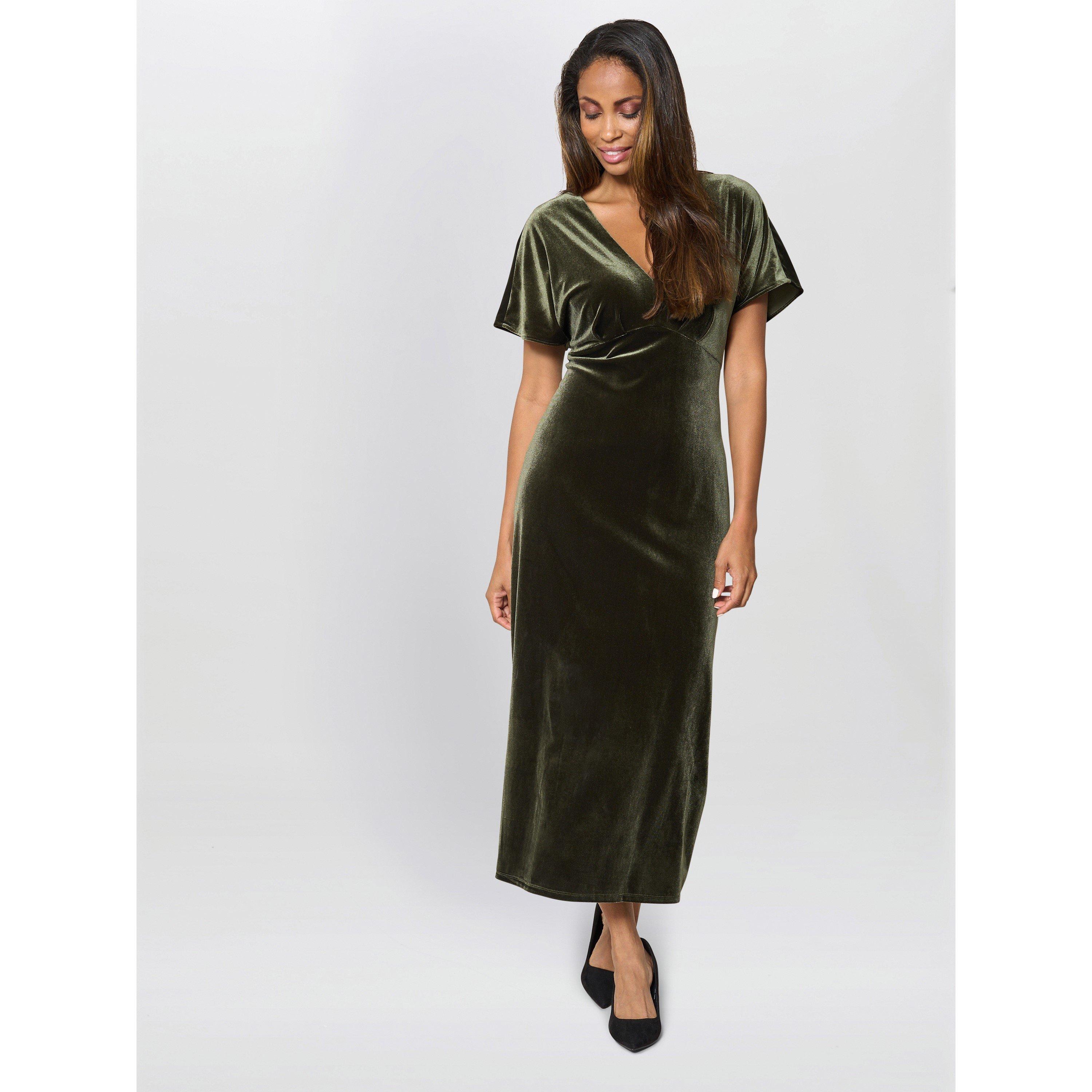 Olive - Gina Bacconi - Women's Bev Velvet V-Neck Midi Dress - 6