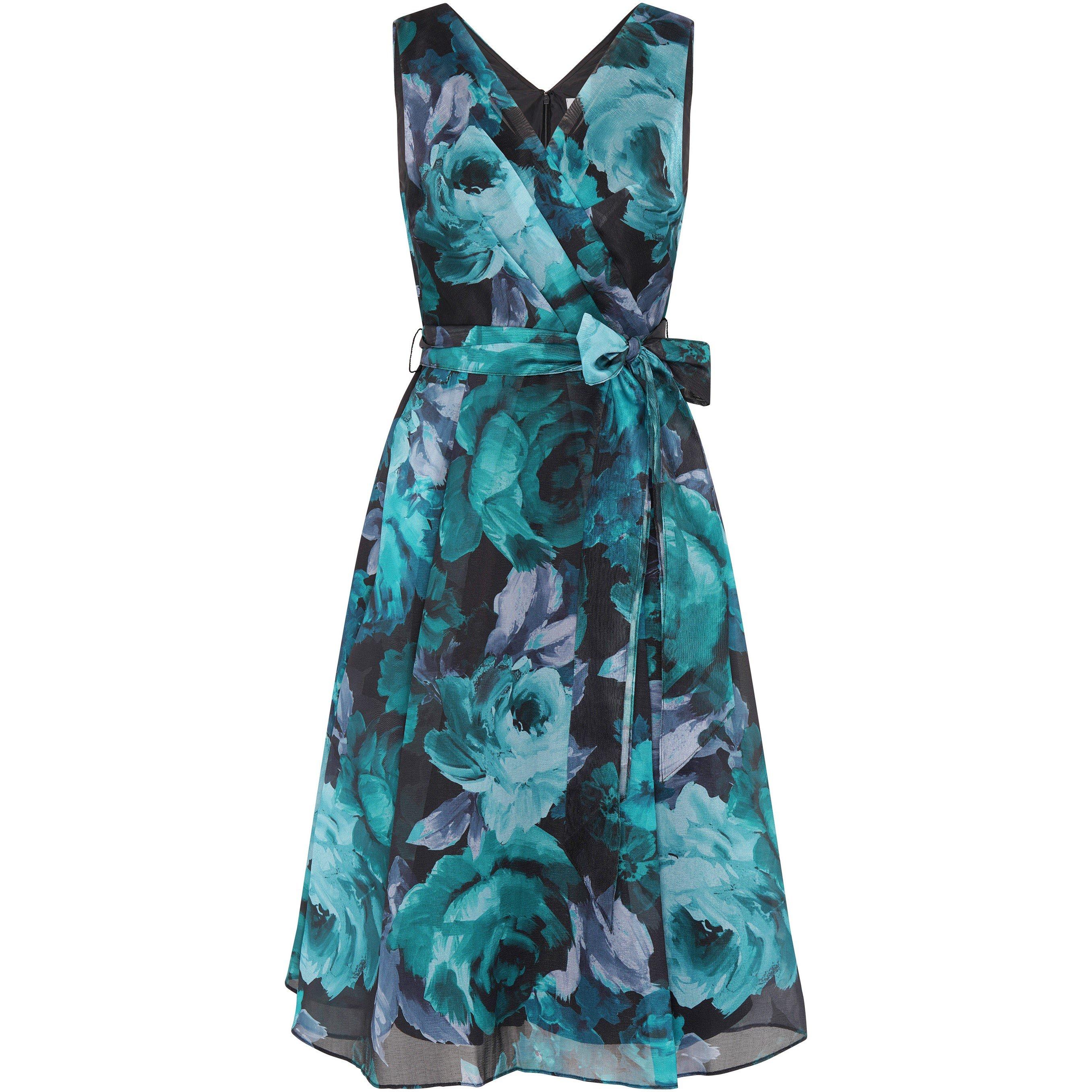 Black / Teal - Gina Bacconi - Women's May Floral Sleeveless V-Neck A-Line Midi Dress - 1