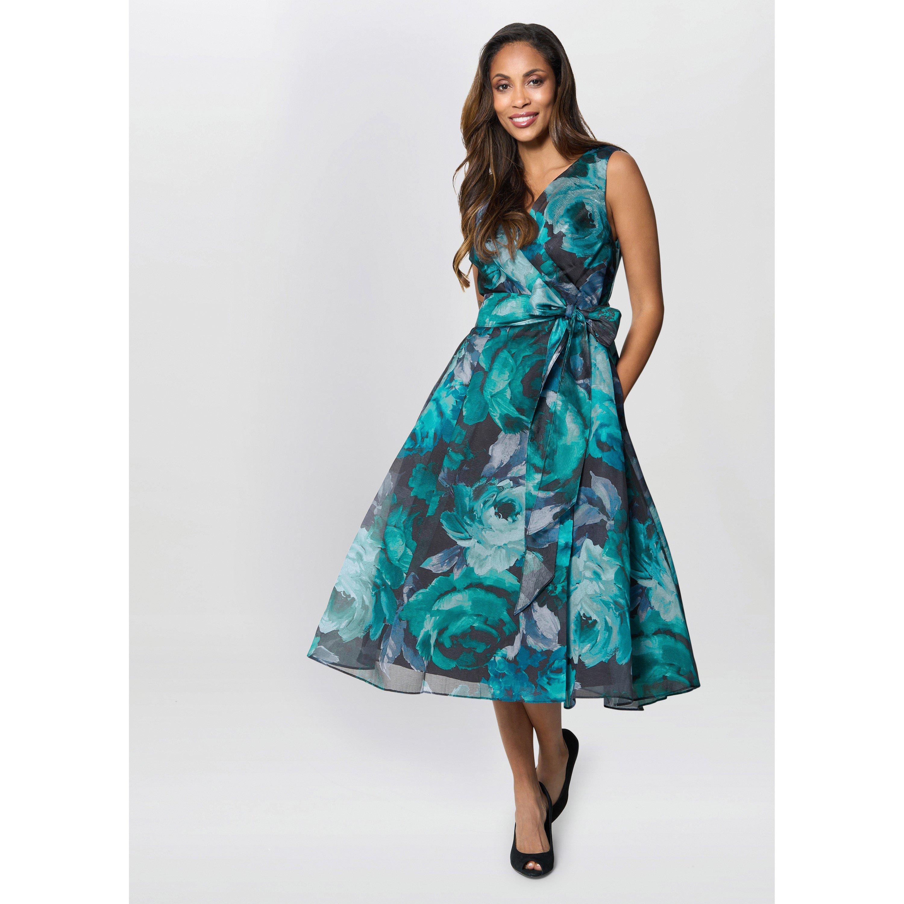 Black / Teal - Gina Bacconi - Women's May Floral Sleeveless V-Neck A-Line Midi Dress - 2