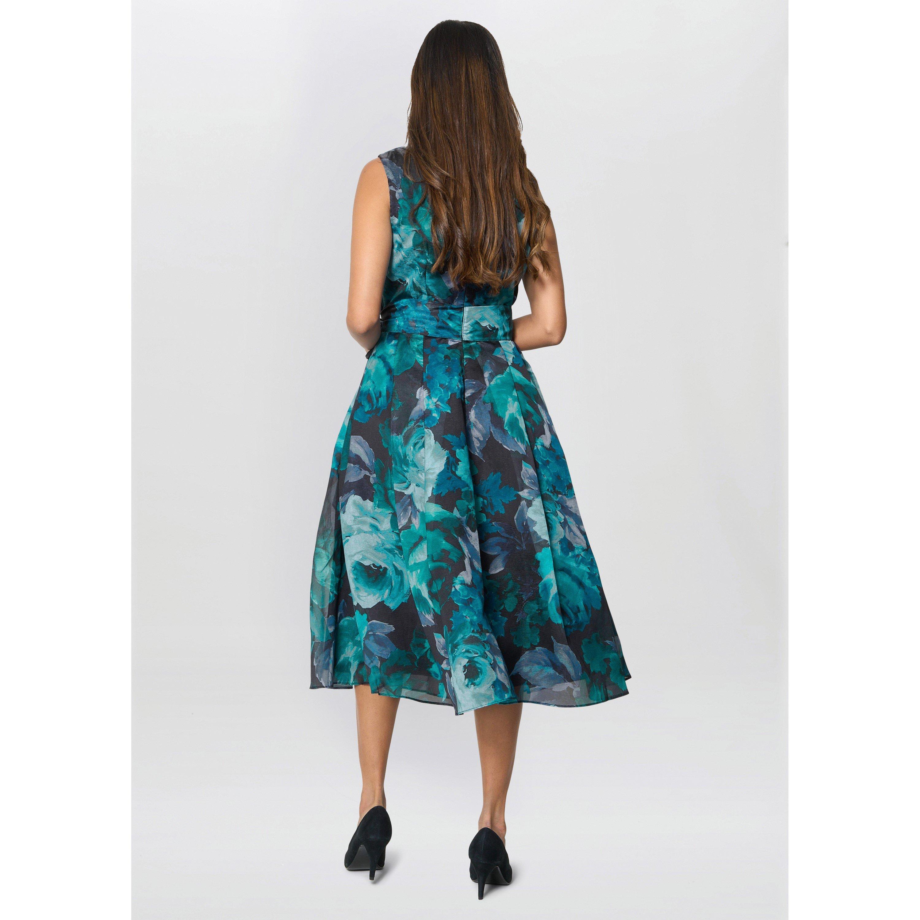 Black / Teal - Gina Bacconi - Women's May Floral Sleeveless V-Neck A-Line Midi Dress - 3