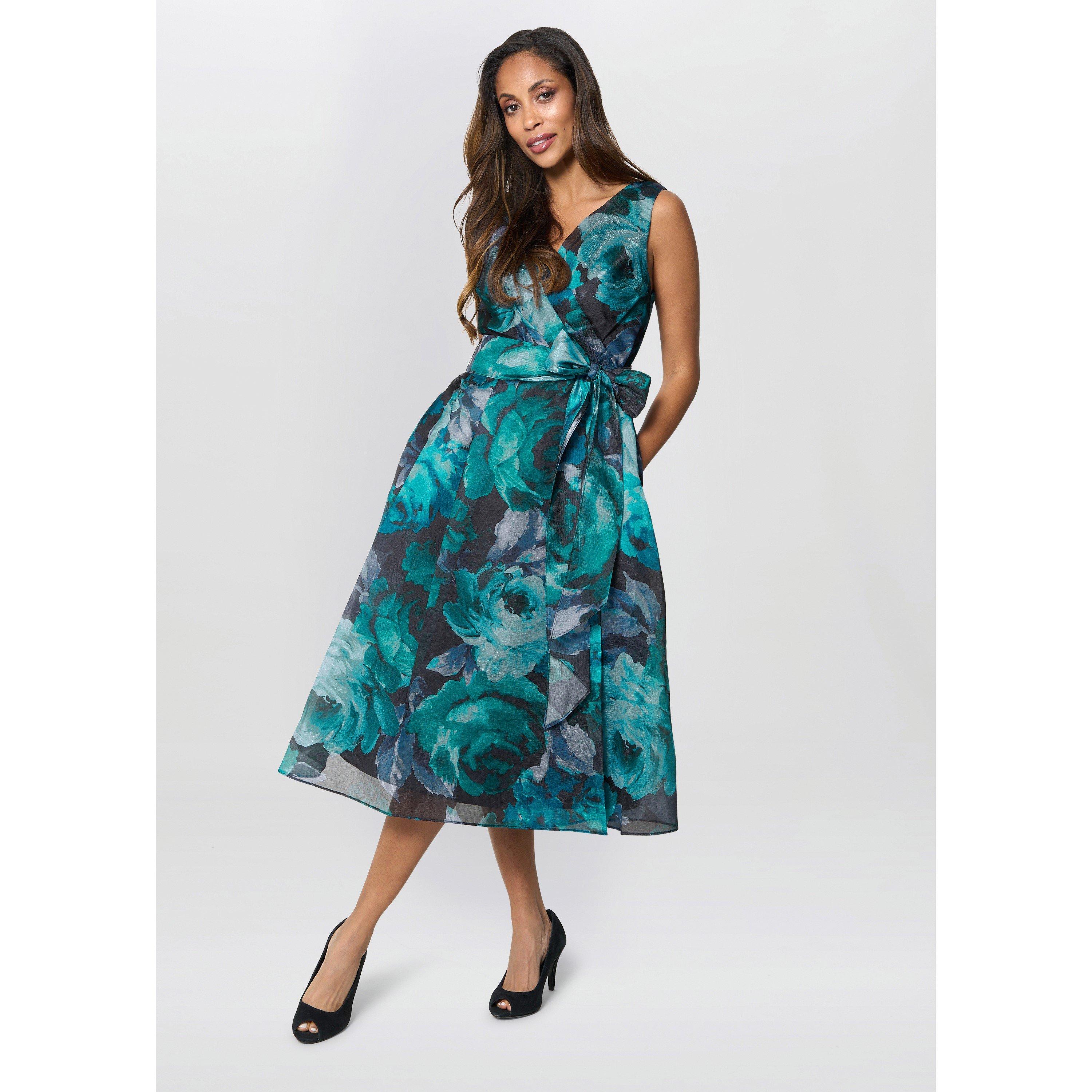 Black / Teal - Gina Bacconi - Women's May Floral Sleeveless V-Neck A-Line Midi Dress - 4
