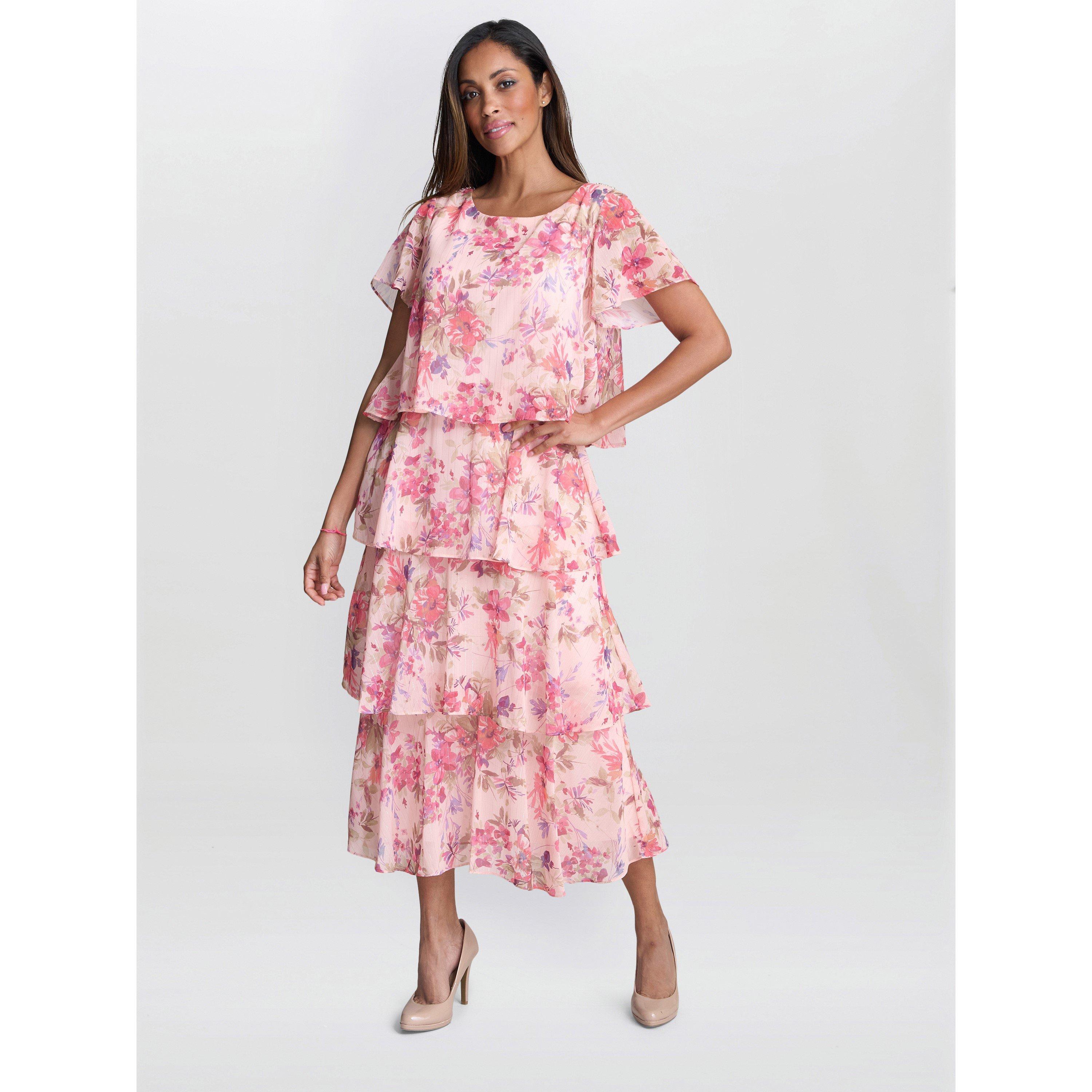 Peach - Gina Bacconi - Essie Midi Length Printed Tier Dress - 1