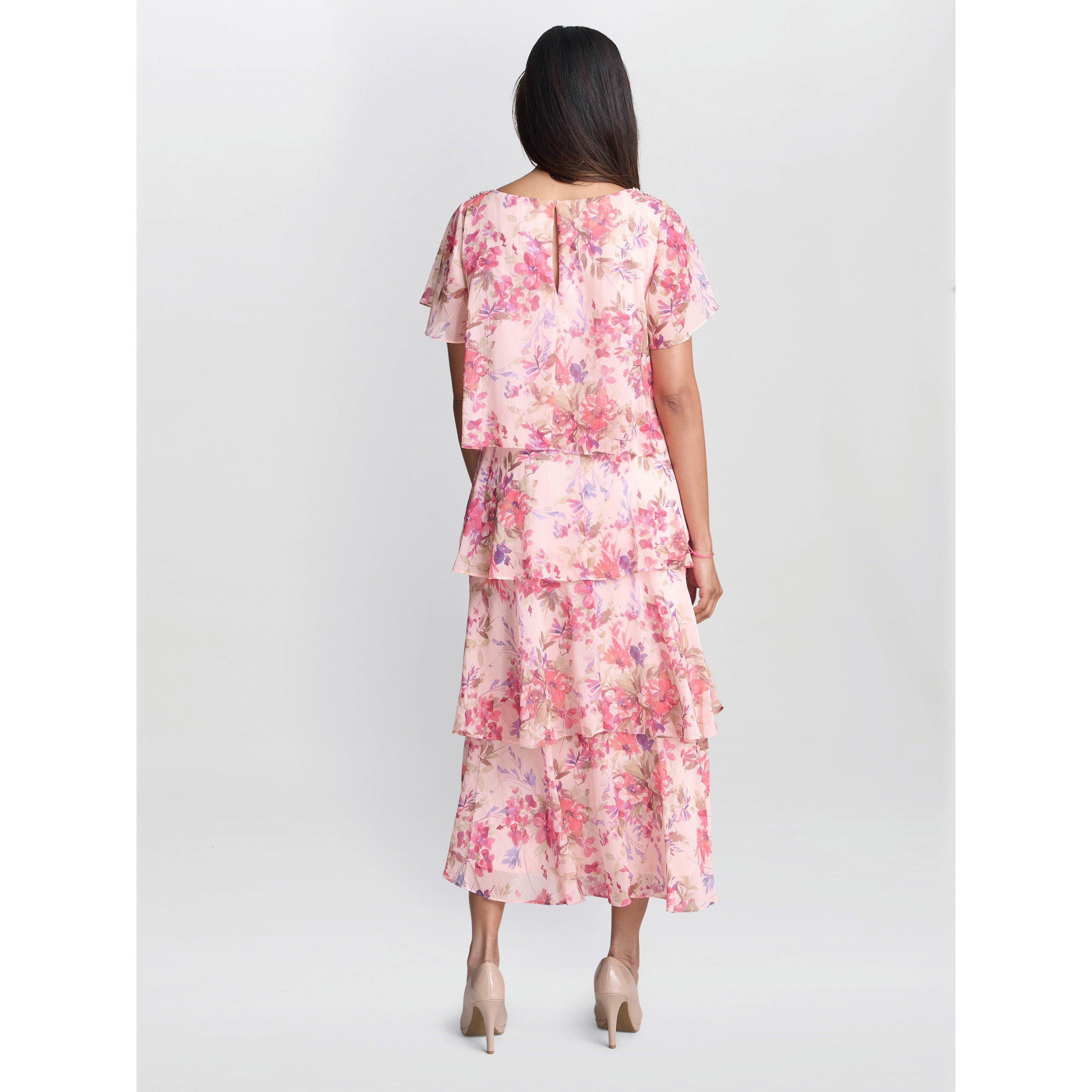 Peach - Gina Bacconi - Essie Midi Length Printed Tier Dress - 2