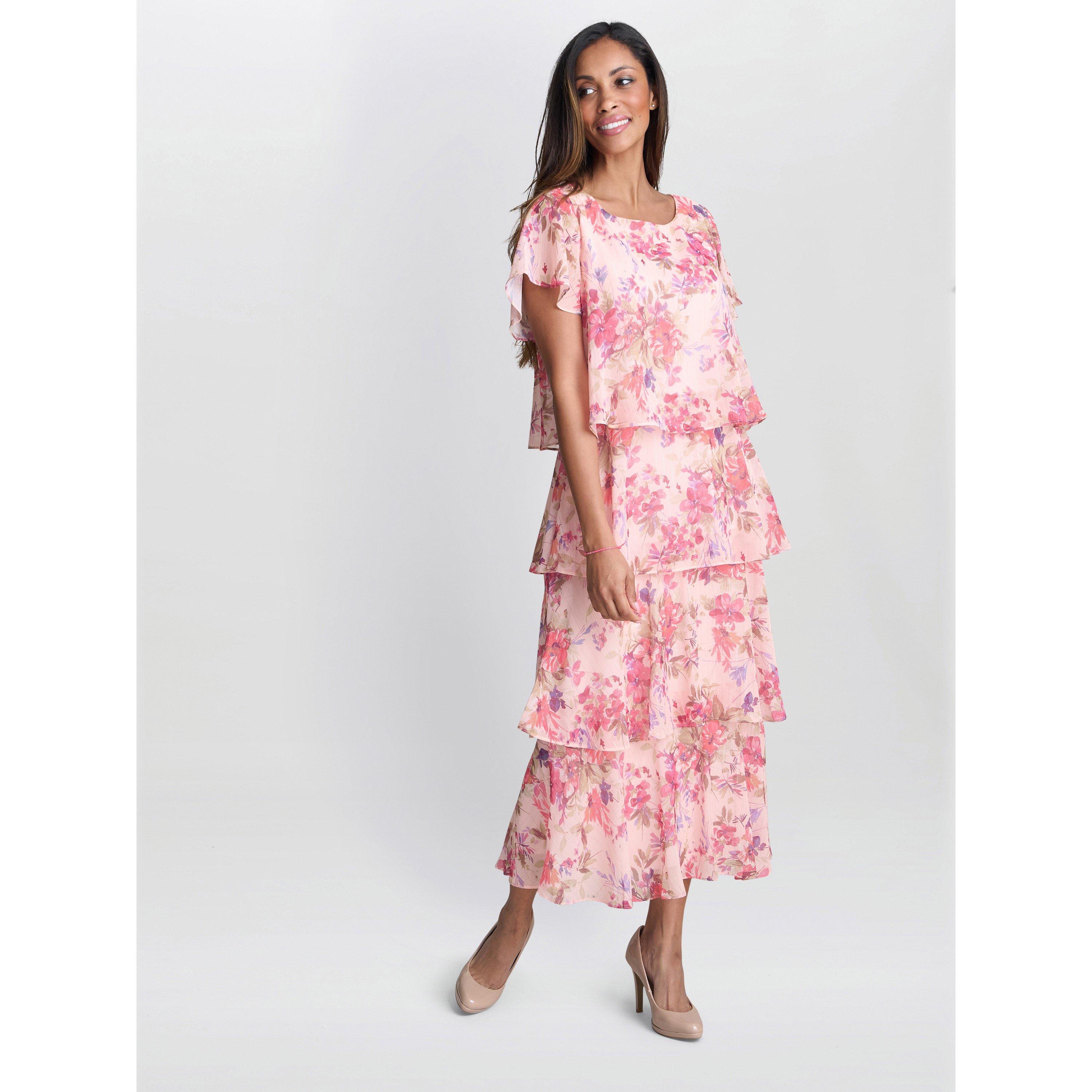Peach - Gina Bacconi - Essie Midi Length Printed Tier Dress - 3