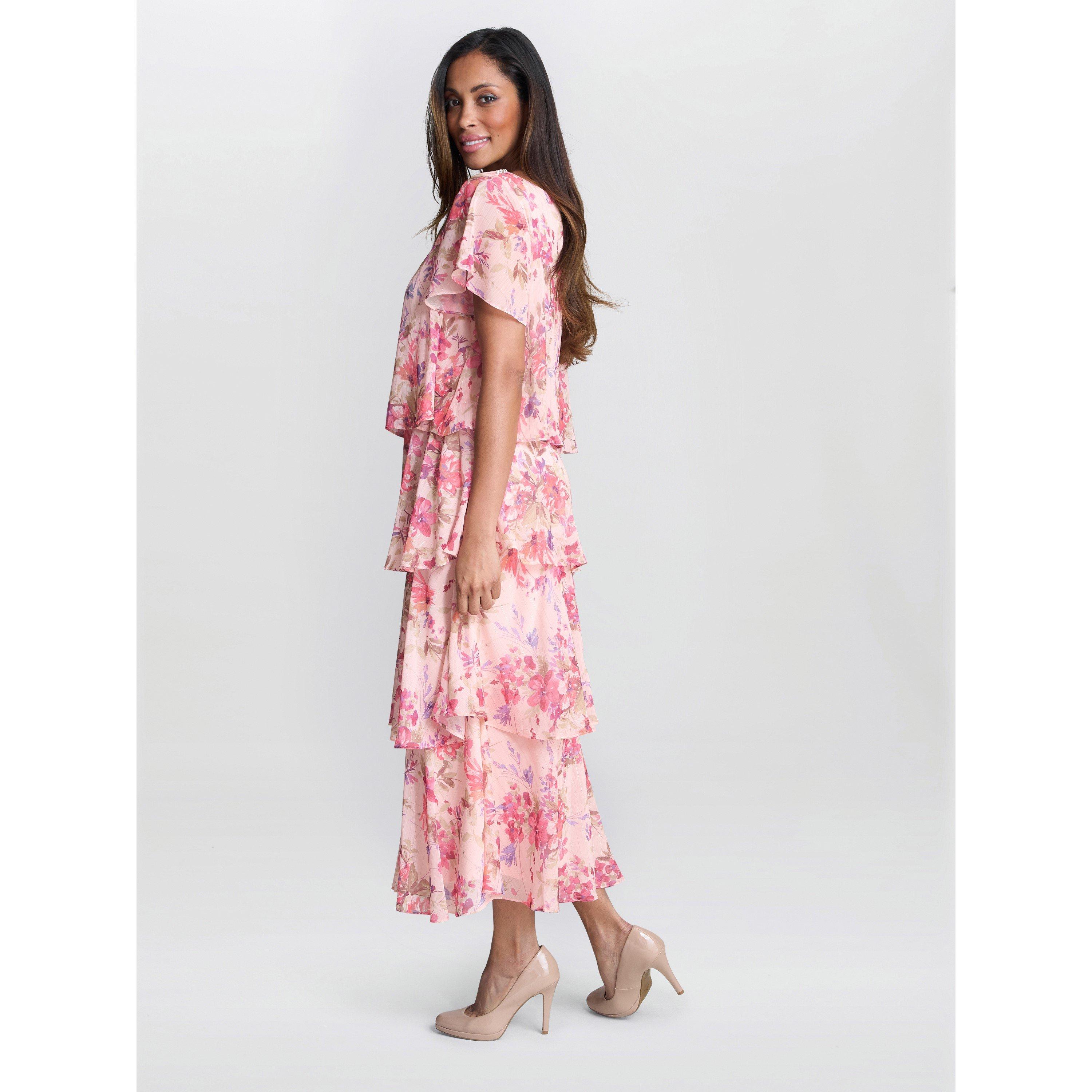 Peach - Gina Bacconi - Essie Midi Length Printed Tier Dress - 6