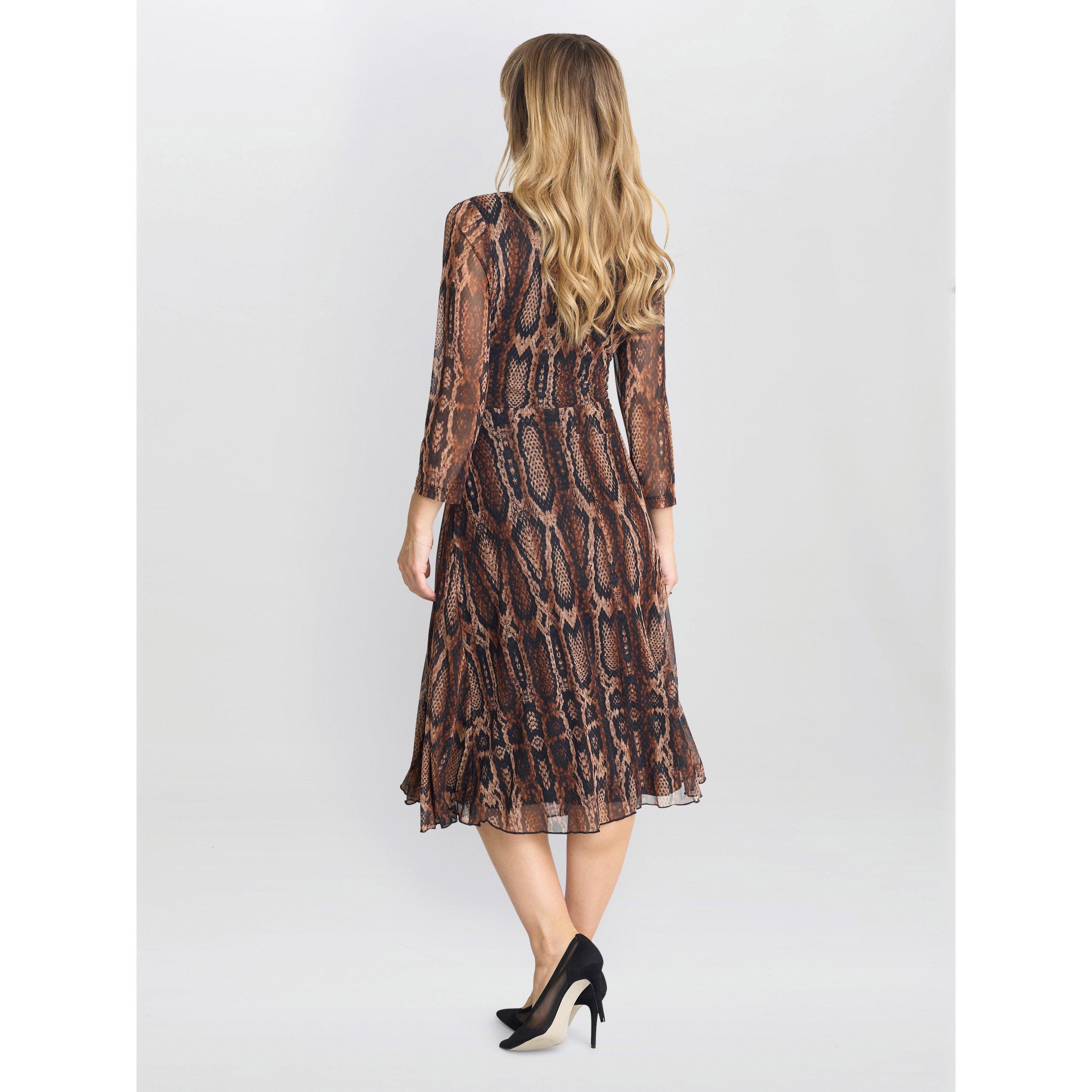Brown - Gina Bacconi - Anya Snake Print Long Sleeve Mesh Dress - 2