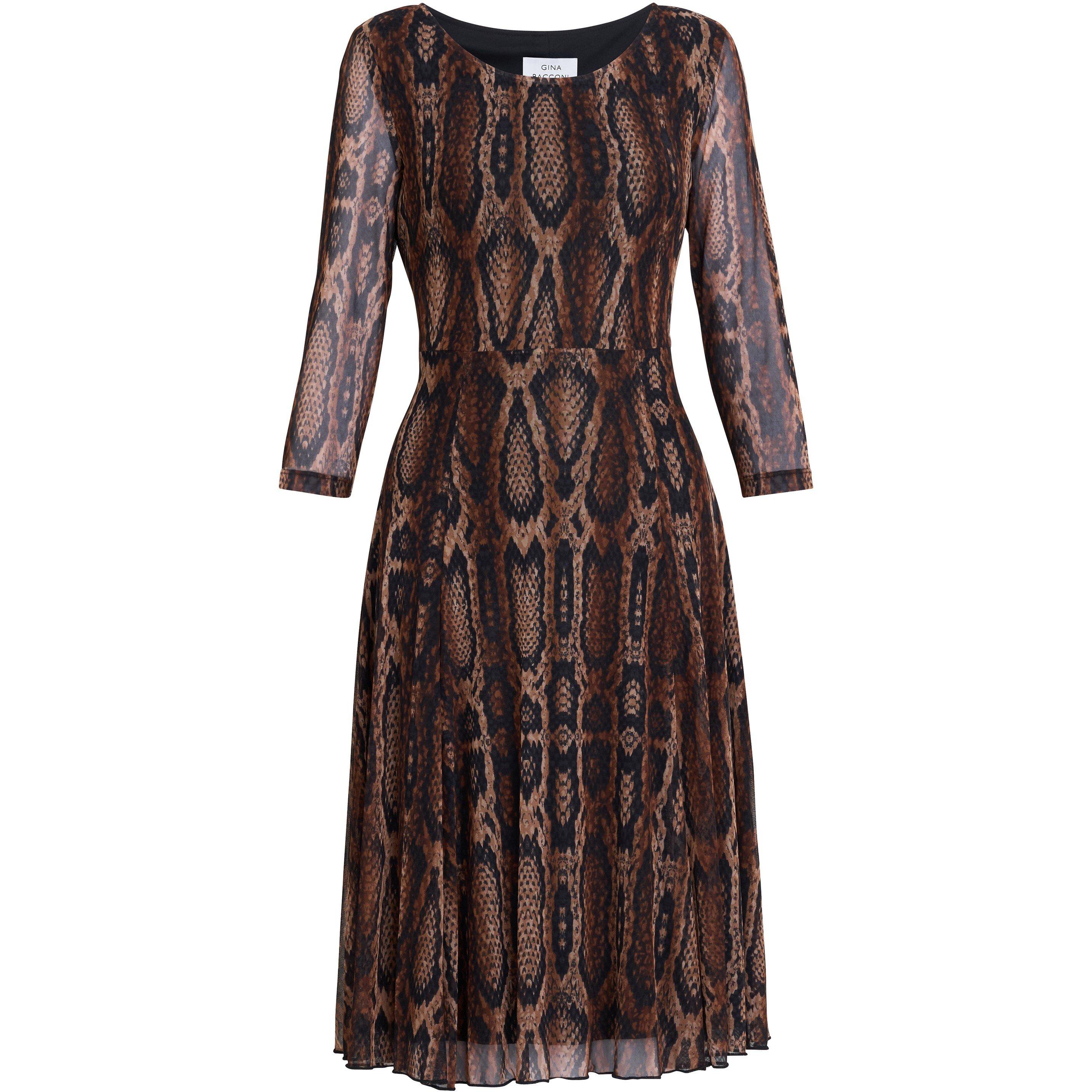 Brown - Gina Bacconi - Anya Snake Print Long Sleeve Mesh Dress - 4