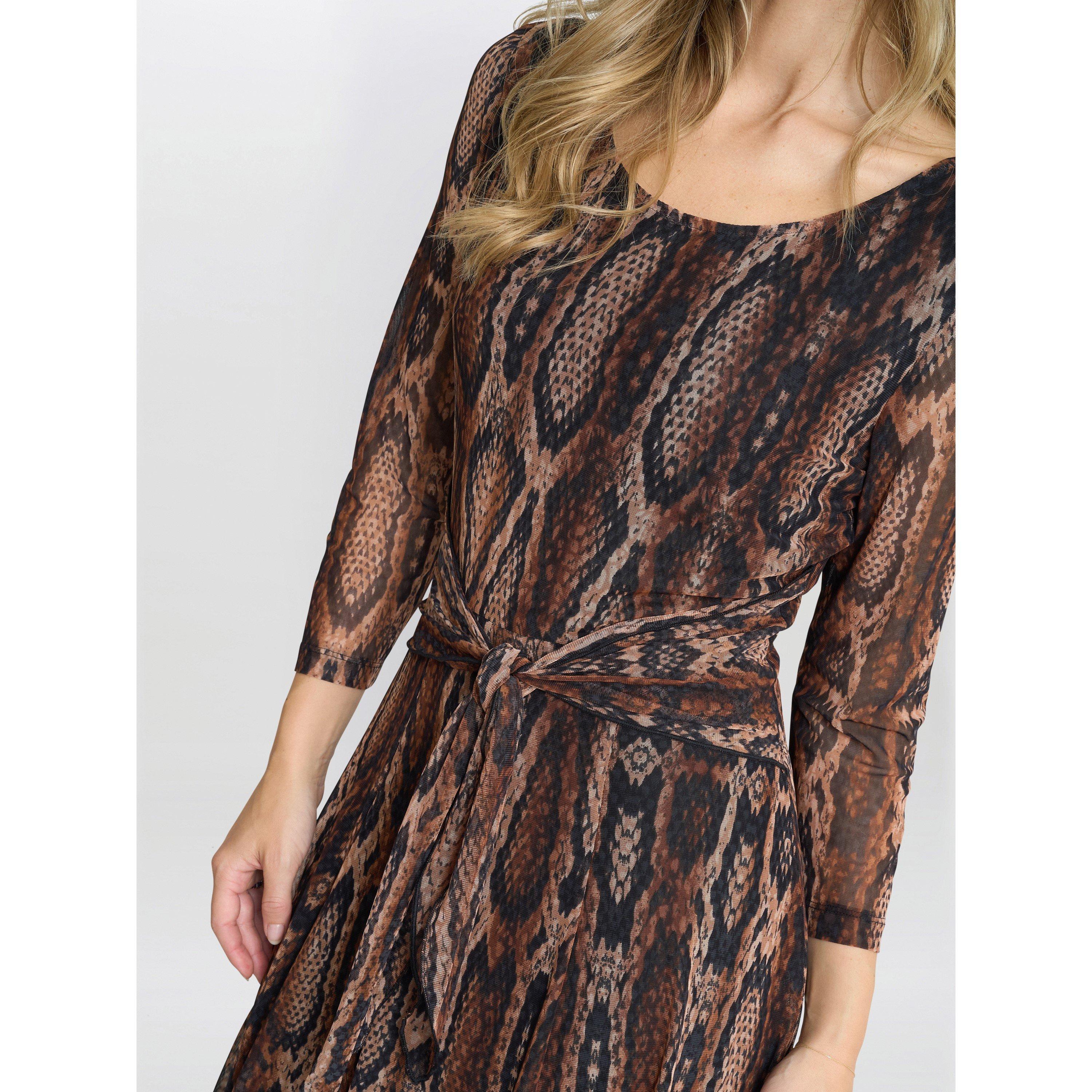 Brown - Gina Bacconi - Anya Snake Print Long Sleeve Mesh Dress - 5