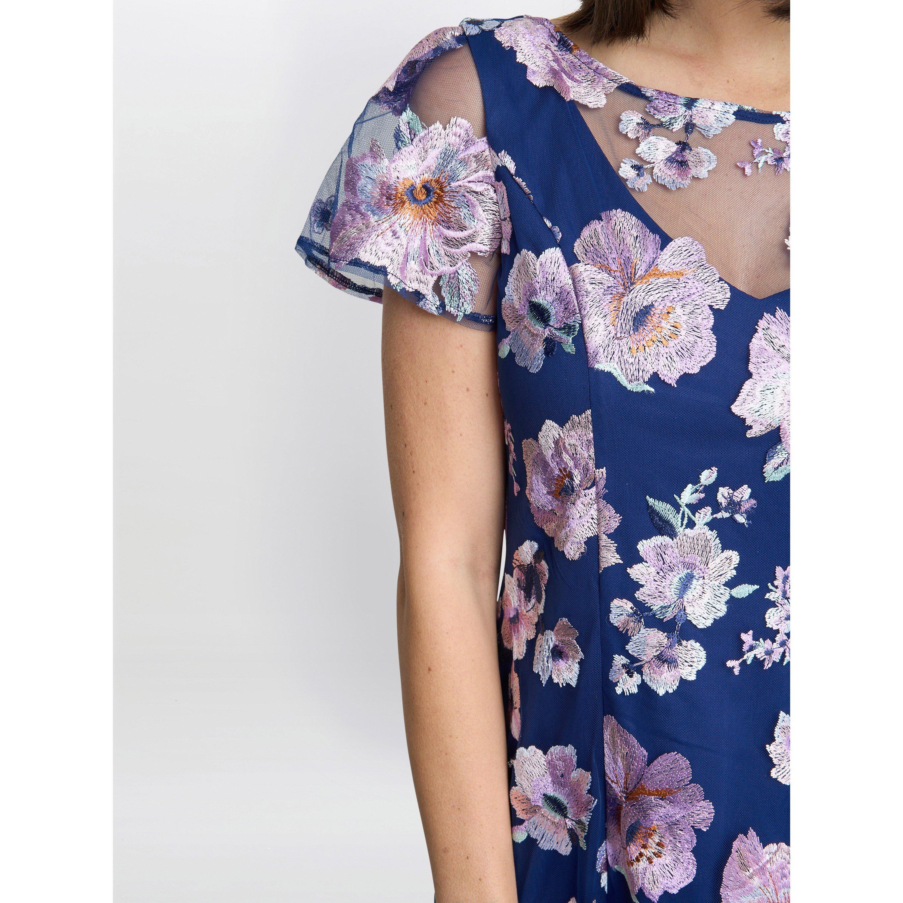 Navy - Gina Bacconi - Mylene Embroidered Floral A-Line Dress - 4