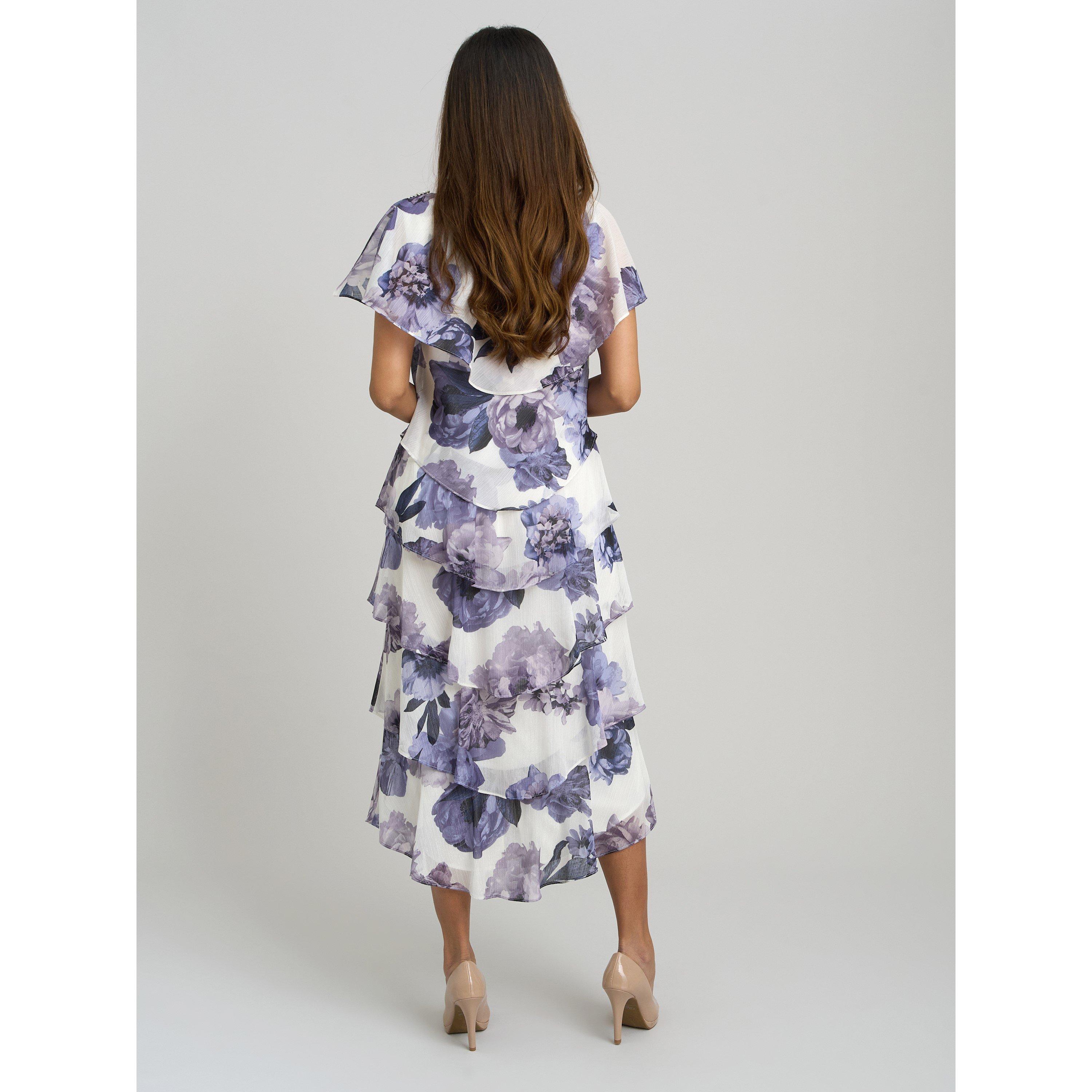 Blue / Multi - Gina Bacconi - Rena Midi Printed Tiered Chiffon Dress - 2