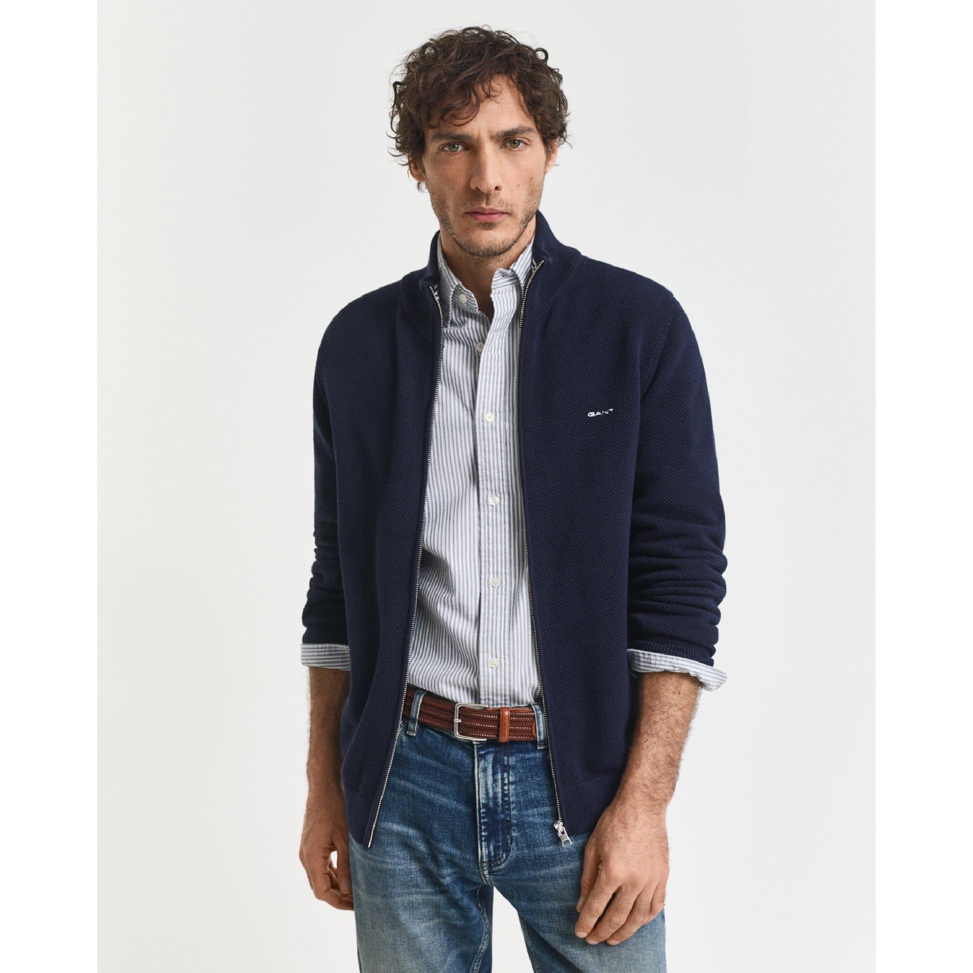 Blue - Gant - Cotton Pique Zip-Up Cardigan - 2