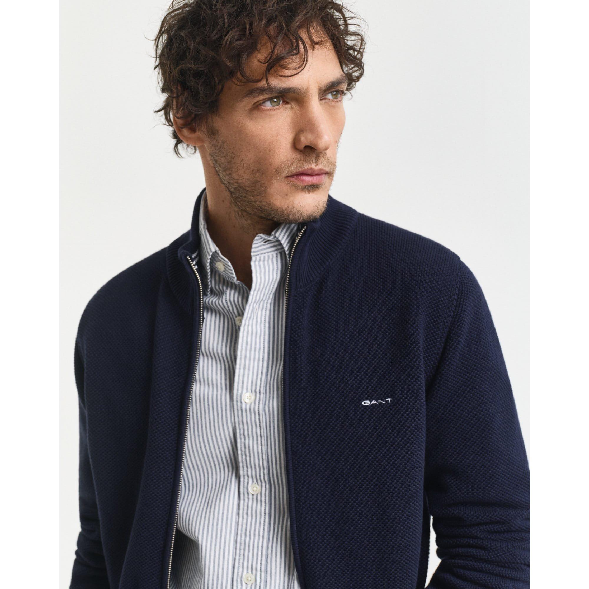 Blue - Gant - Cotton Pique Zip-Up Cardigan - 4