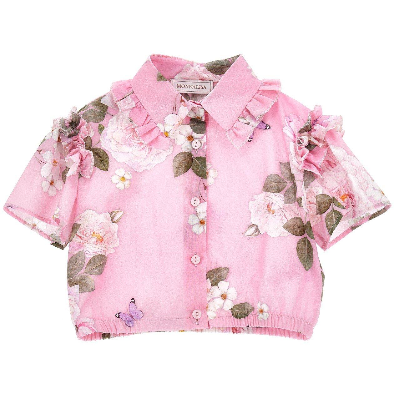 Rose 0090 - Monnalisa - Kids' Muslin Short-Sleeve Plain Shirt - 1