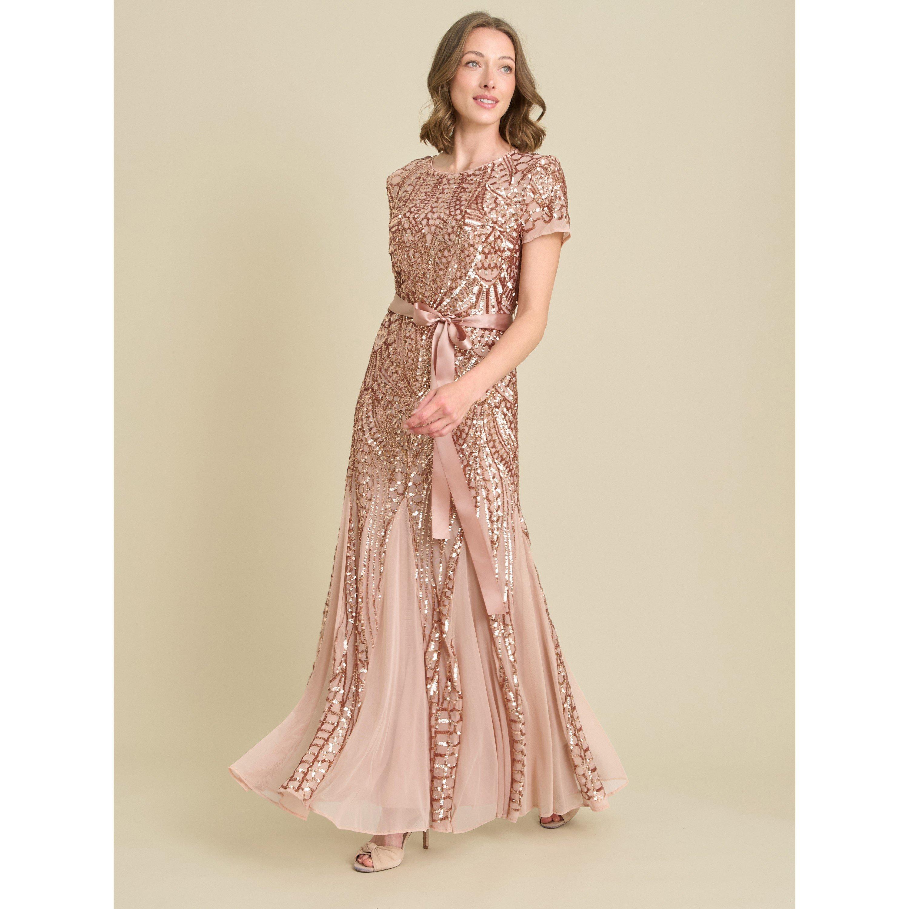 Rose Gold - Gina Bacconi - Monique Embroidered Sequin Godet Dress - 1